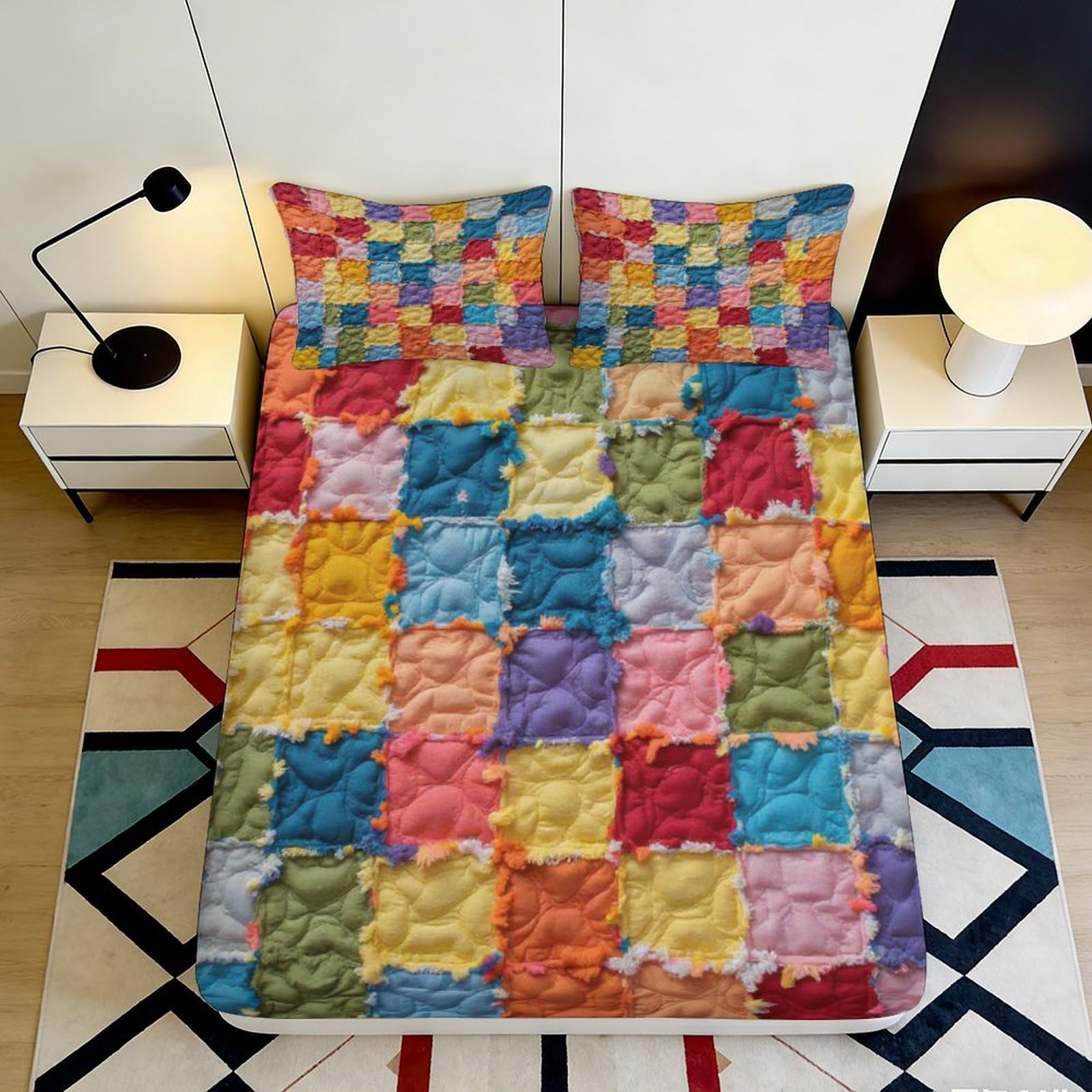 3D Printed Colorful Patchwork Fitted Sheet Microfiber Soft Multicolor Quilt Bed Cover for Bedroom Guest Room Dorm Mattress Protection 140x200x25cm