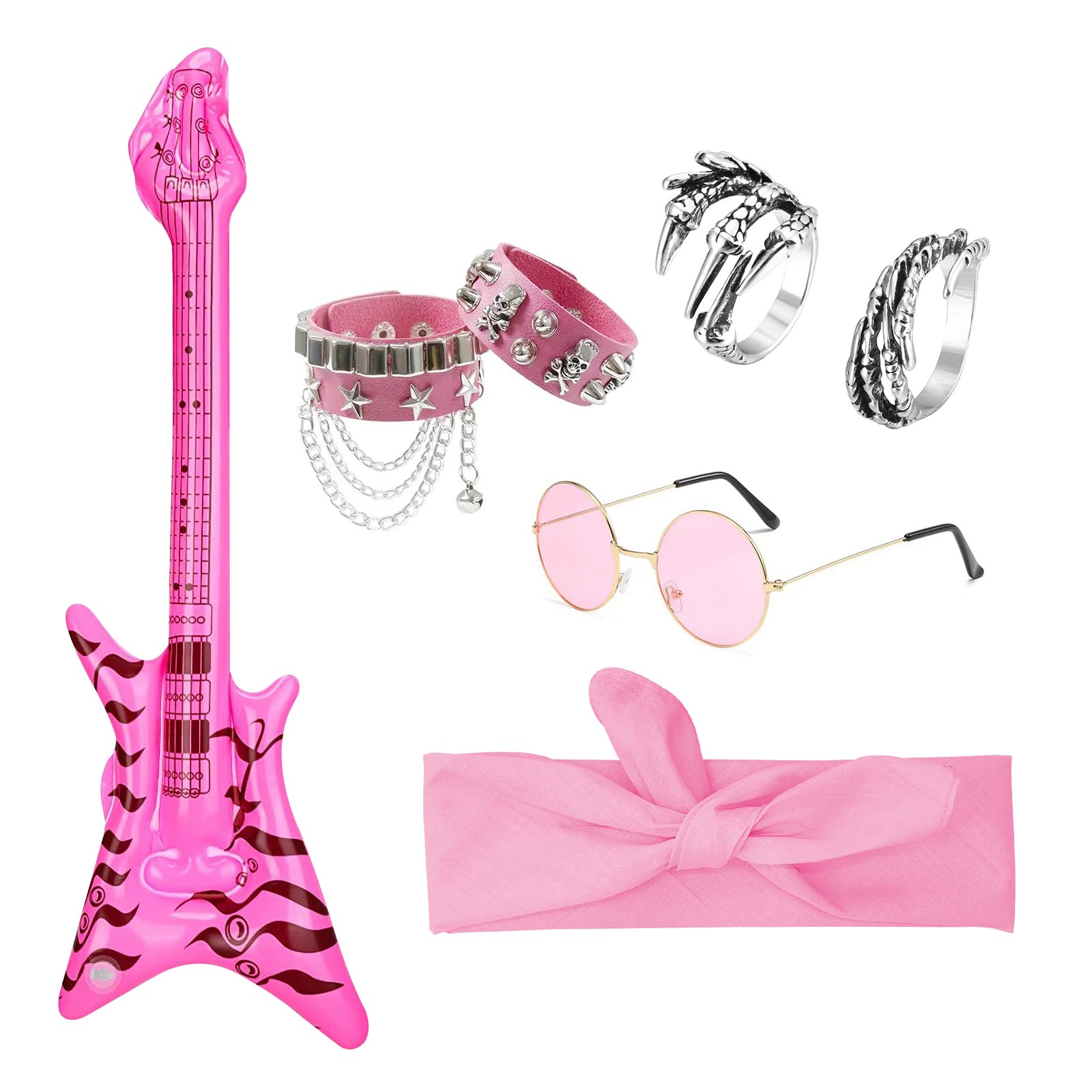 Kids Rockstar Fancy Dress Costume Set, Pink Rock Star Cosplay Outfit with Inflatable Guitar, Sunglasses, Bandana