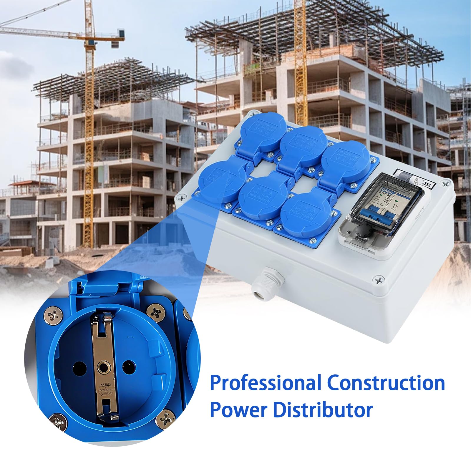 Distribuidor de Corriente para Construcción 250V, Distribuidor de Corriente de Pared 16A con Disyuntor, 6 Tomas, IP54 Estanco, Distribuidor de Energía Consumida para Talleres y Fábricas