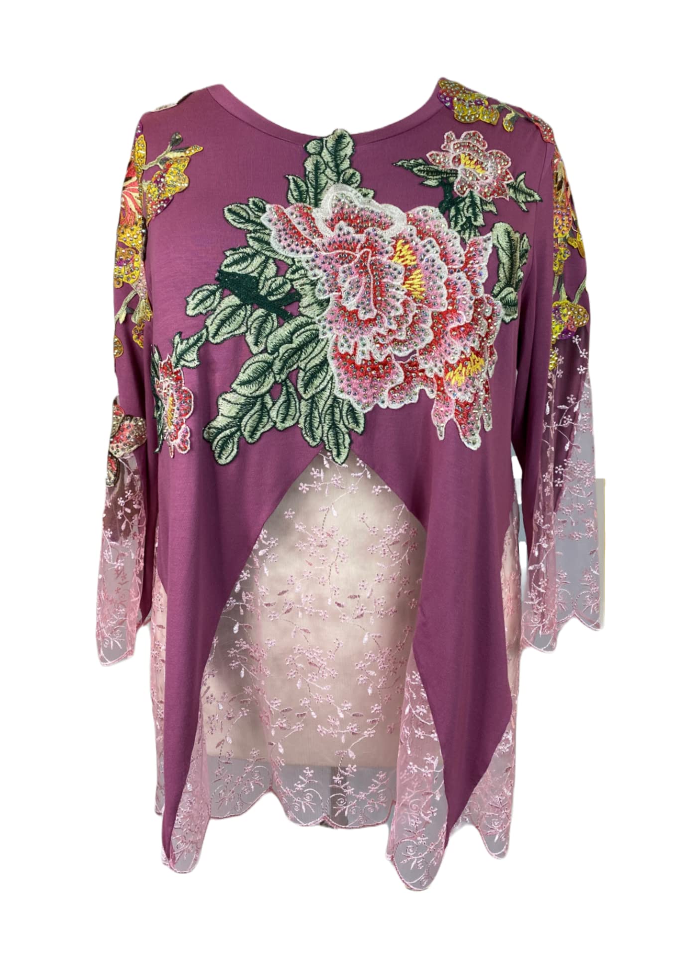 Anlight: BEB Queen Plus Size Womens Blouse Multicolor Rhinestones, 3D Lace Embroidery, Flared Lace Quarter Sleeve, Flared Hemline Top