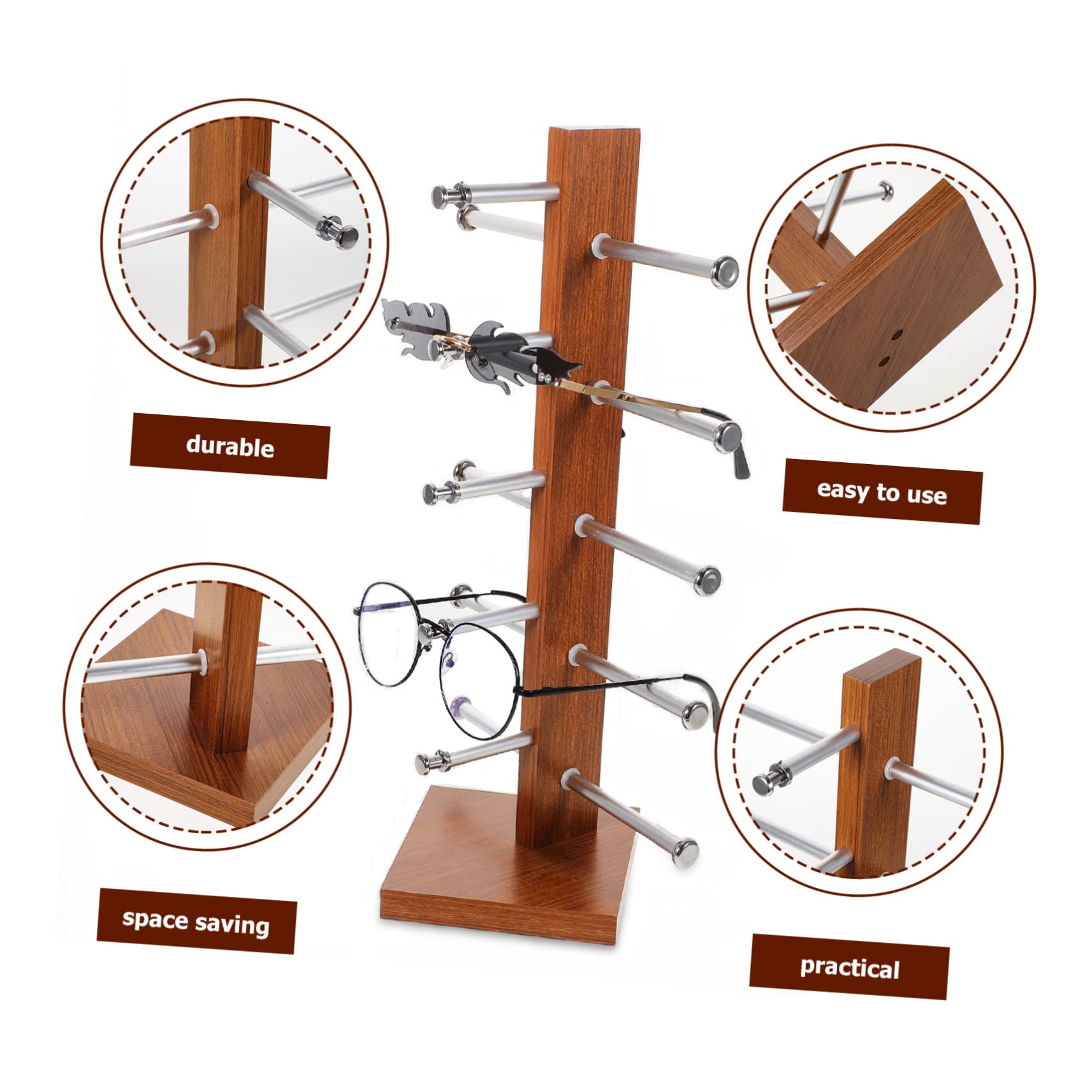 PLAFOPE Espositore per Occhiali in Legno Multistrato Vintage 5 Paia | Pannelli Mdf e Lega di Alluminio, per Occhiali Ottici e Sole, da Appoggio su Comò o Banco