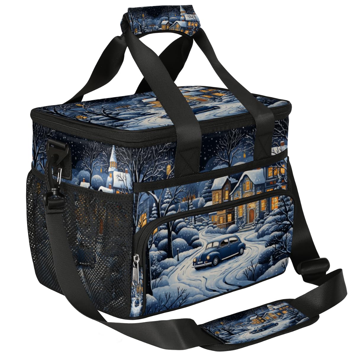 Insulated Picnic Backpack Lunch Box for Women Men Picnic Basket Tote Lunch Bag Picnic Bag Portable Lunch Bags for Picnic, Beach, Work, Trip,Office, Camp Winter Farmhouse Blue Car