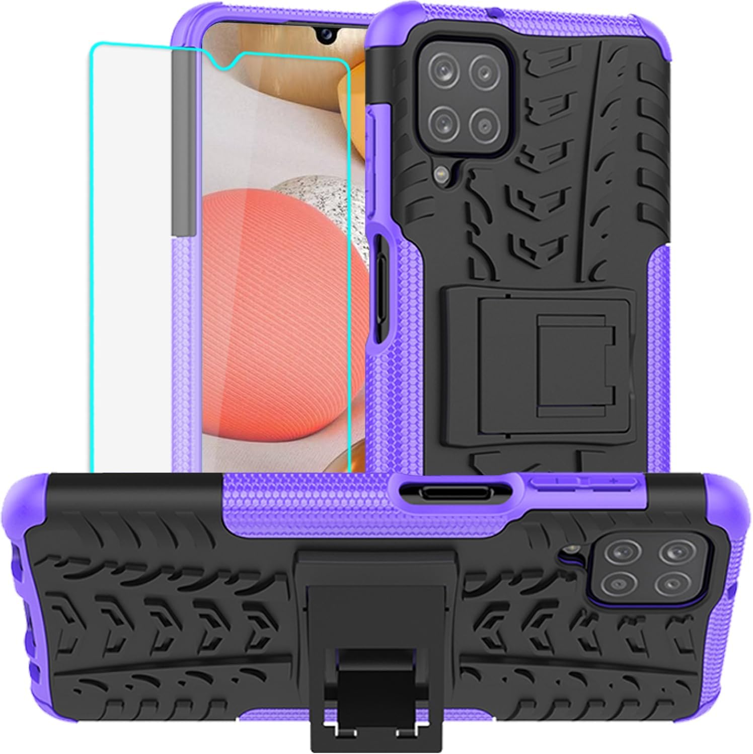 for Galaxy A12 Phone Case, Samsung A12 Phone Case with Screen Protector, Shockproof Silicone Protective with Kickstand Hard Phone Cover for Samsung Galaxy A12 (Purple)