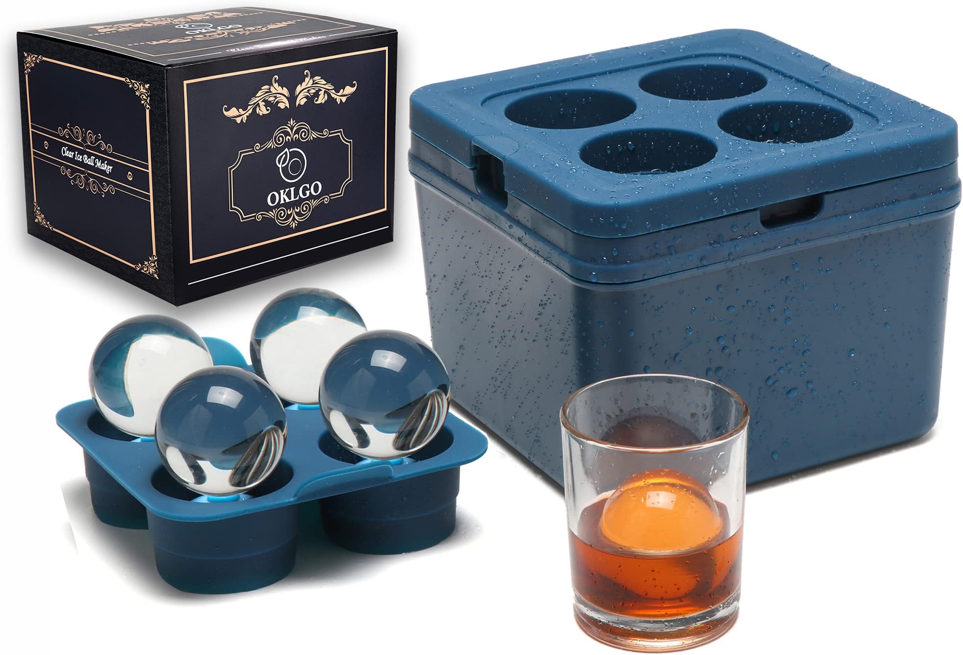 2 Inch Clear Ice Ball Maker - 4 Cavity Silicone Tray, Crystal Clear Ice Sphere Maker for Whiskey & Cocktails