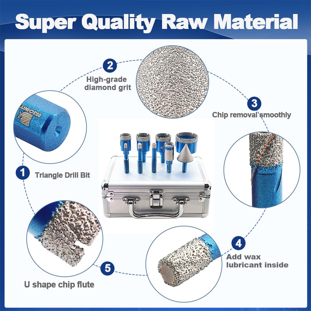 Diamond Core Drill Bit Set - BRSCHNITT Diamond Hole Saw Kit for Porcelain Tile Ceramic Marble Granite Drilling Triangle Shank（6/8/10/25/32/35/50mm&20 Finger bit&35 Chamfer bit）.