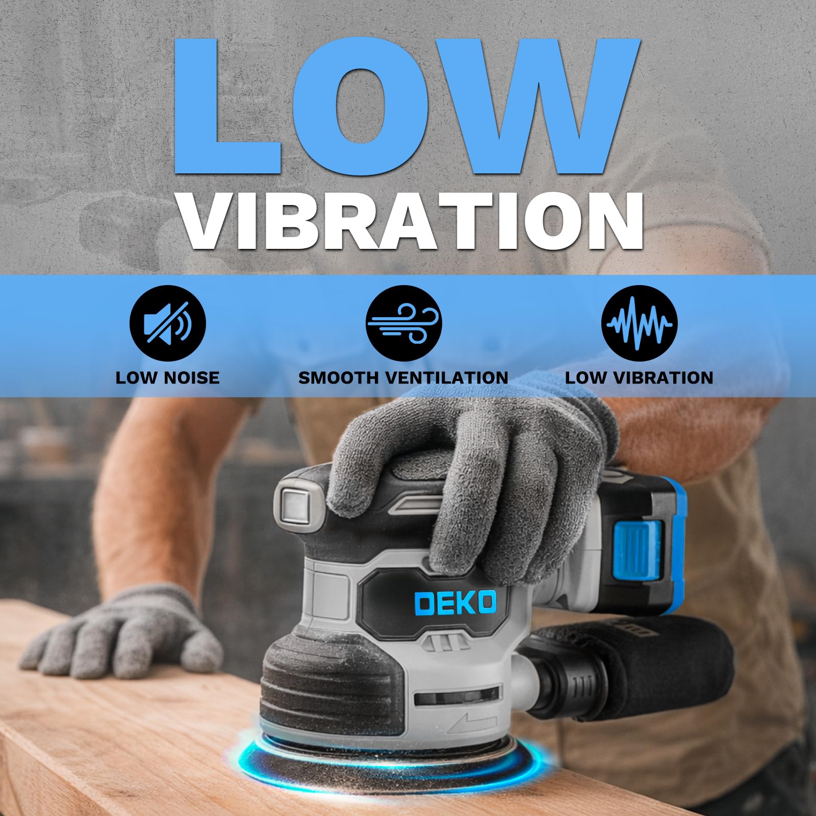 20V Exzenterschleifer Akku 125mm: DEKOPRO Schleifmaschine für Holz,6 variable Geschwindigkeiten, 125 mm Schleifer, Holzschleifer 13000 U/min,2000 mAh Batterie,mit Staubbeutel und 15 Schleifpapieren