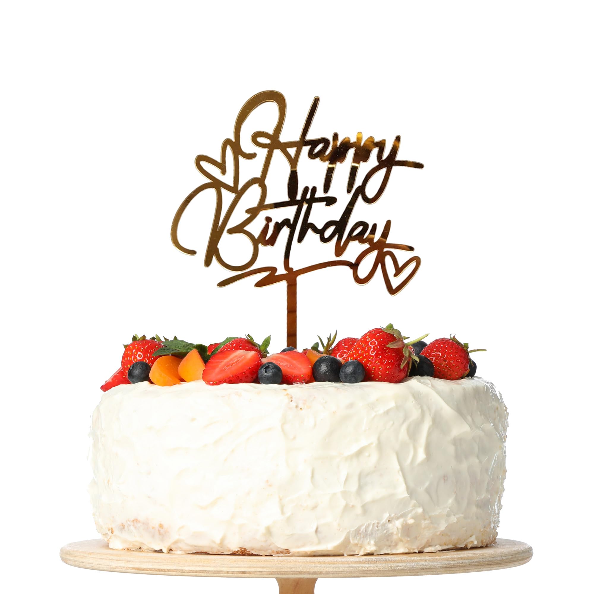 Happy Birthday Cake Topper, Gold Acrylic Cake Decoration for Women Girls Boys Men Birthday Party Decorations (Hearts)