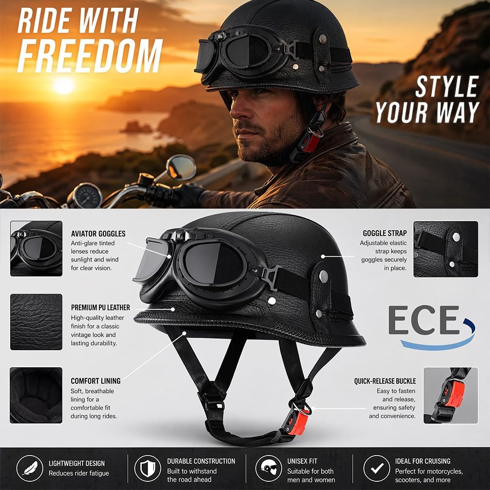 Deutscher Retro Halbschalenhelm Halbhelm,ECE 22.06geprüft,Leichte ABS-Schale in PU-Lederoptik mit Fahrerbrille und Gesichtsmaske,Unisex für Stadt Pendler und Cruiser,M-2XL(57-64cm)