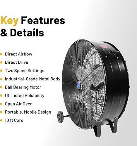 Vista 3 de NORTHSKY Ventilador de tambor industrial de 36 pulgadas, 15000 CFM de alta velocidad, 2 velocidades, potente motor de 1/3 HP, ventilador de granero