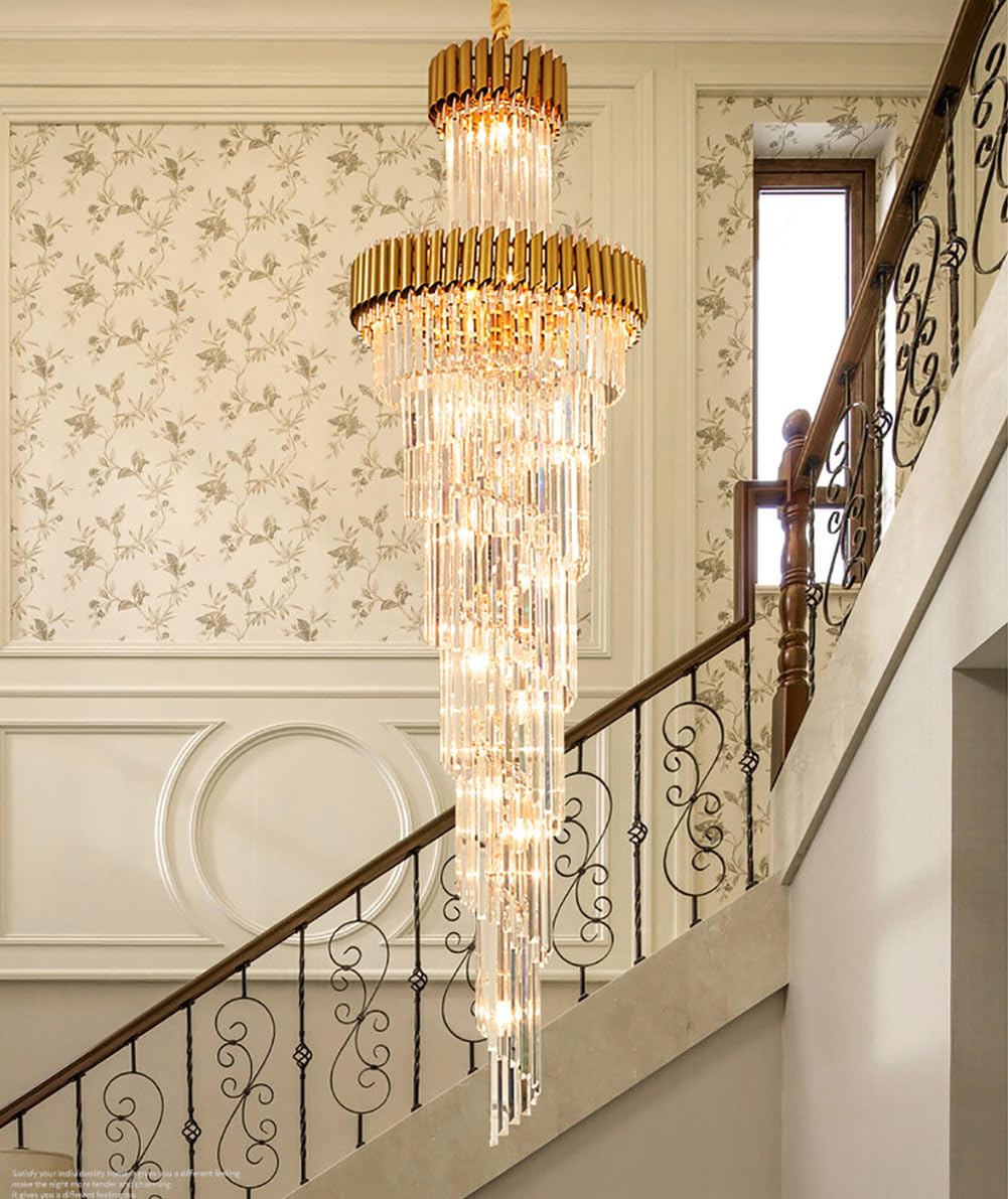 Lampadario Moderno in Cristallo per Scale - Lussuosa Lampada a Sospensione Regolabile per soffitti Alti, Lampadina E12, Finitura Oro/Nera, Lunghezza 51"/59"/67", Villa Spiral (diam