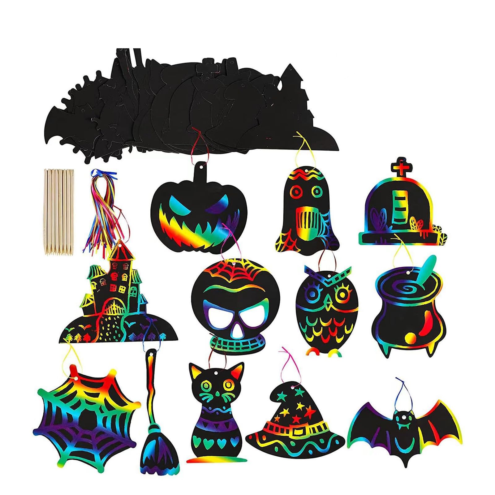 Kalttoy 48 Piece Rainbows Scratch Paper Set for Children Creative Play Halloween Bookmarks Crafting Activity Supplies Rainbows Scratch Paper Sheets