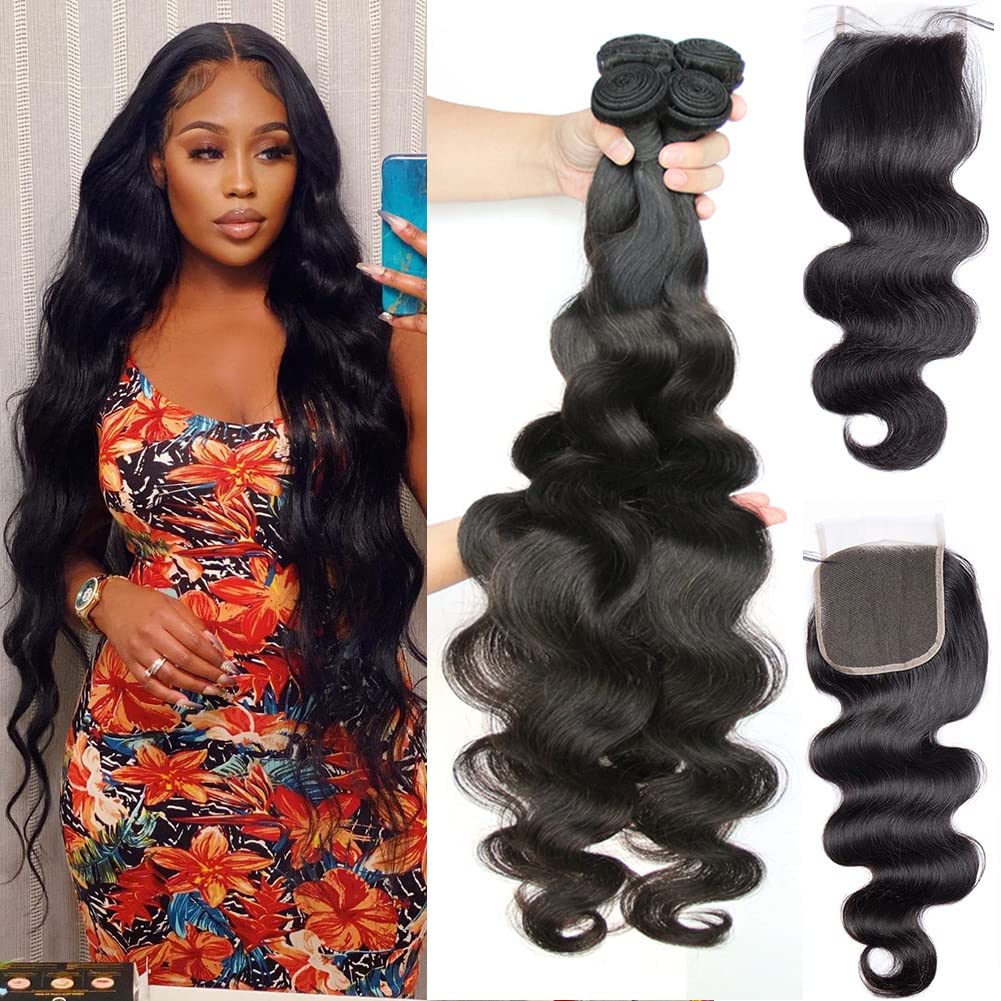 Human Hair 4 Bundles with 4X4 Closure Brazilian Body Wave Bundles with Closure Double Strong Weft Body Wave 4 Bundles with 4X4 Lace Closure Natural Black Color Human Hair 4 Bundles with Closure