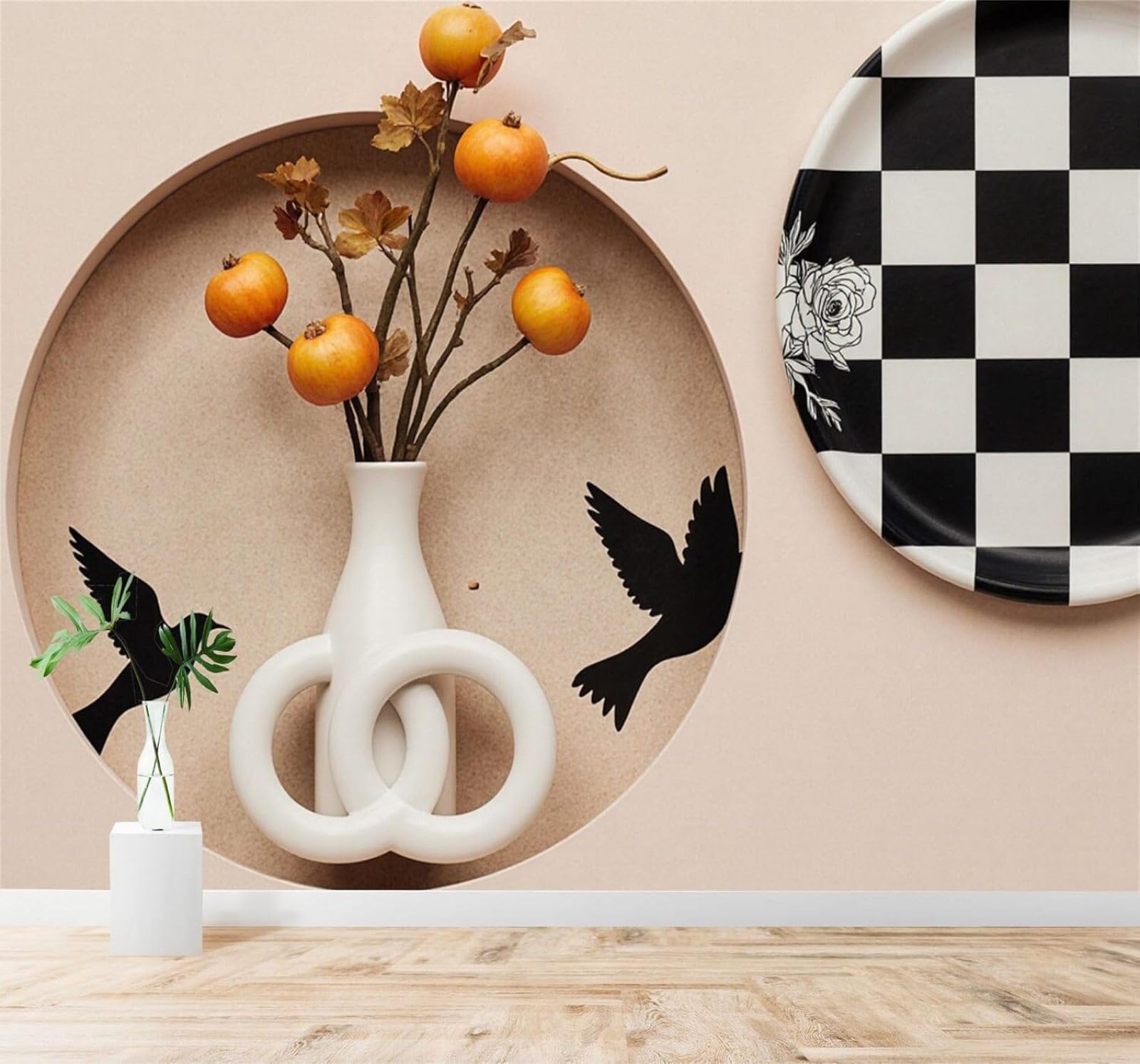 Xlming 150Cm×105Cm(B×H) Minimalist Vase Orange Fruit Flying Bird Art 3D Wallpaper Silky Texture Home Study Office Grey Dining Room Sofa Bedroom Living Room Tv Backdrop-150Cm×105Cm