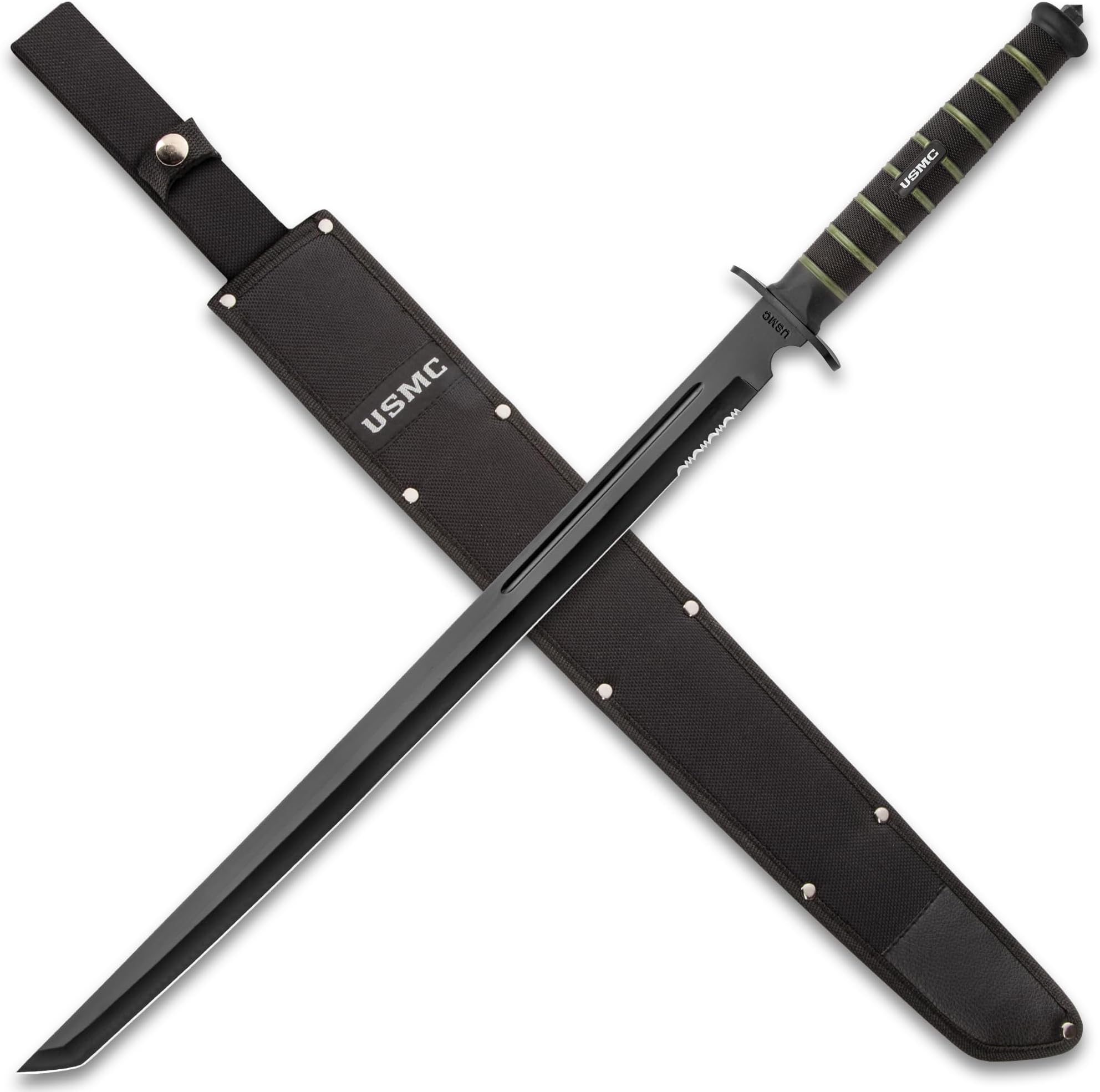 USMC Blackout Combat Tanto Sword with Nylon Sheath | AUS-6 Stainless Steel Tanto Blade | Rubberized Injection Molded Handle | Textured Grip | 27 1/2" Length | Battle Gear Ready