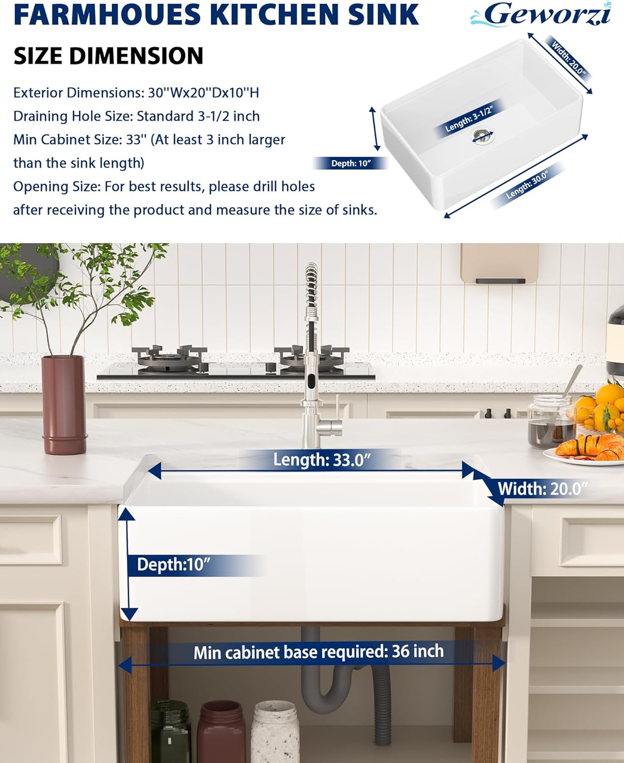 33 White Farmhouse Sink - Geworzi 33 x20 Workstation Sink for Kitchen, Apron Front Fireclay Porcelain Kitchen Sink, Single Bowl White Ceramic Farm House Style, 33''x20''x10''