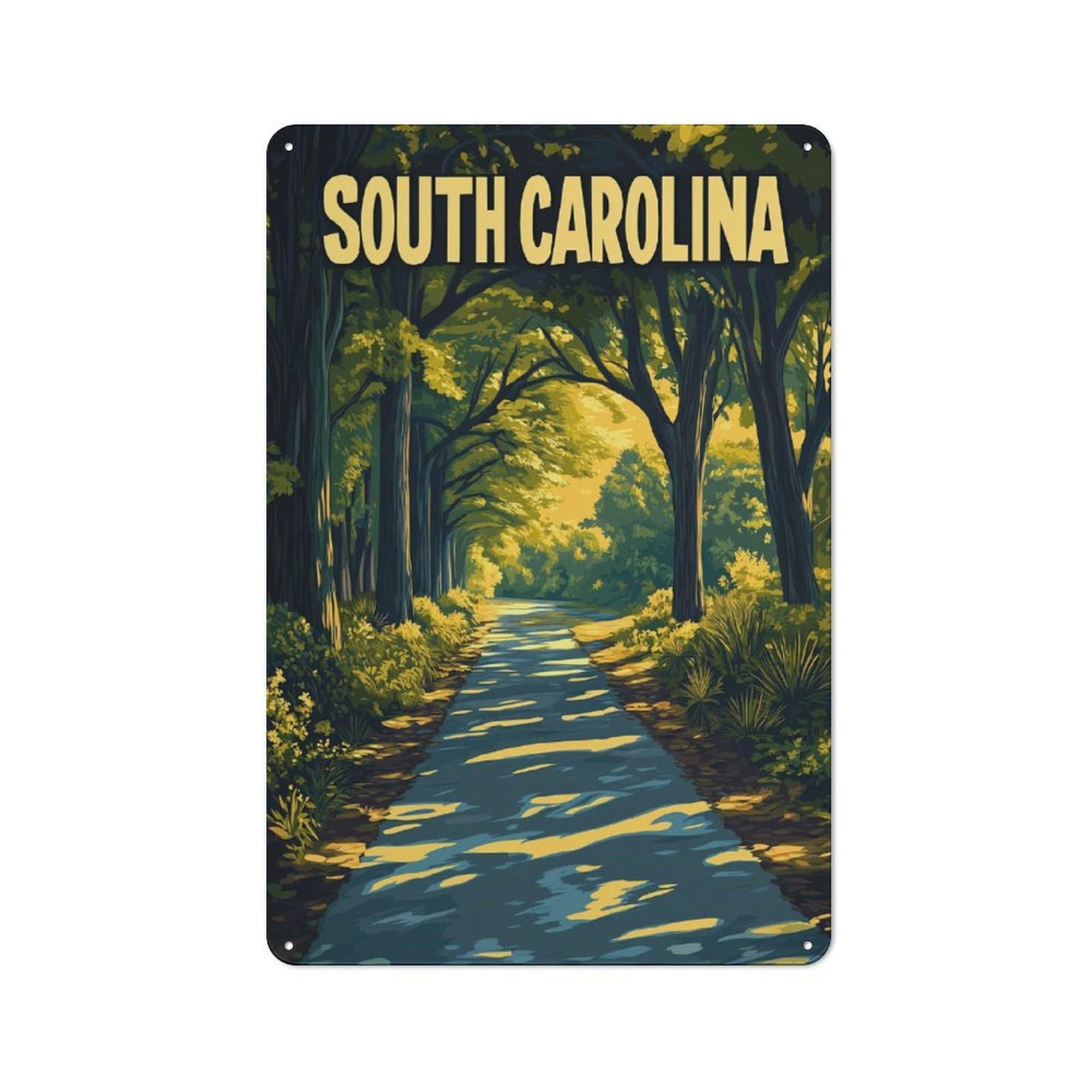 Junmoney Style-10 Metal Wall Sign With South Carolina Road Through Trees Design 30X20cm, Modern Retro Urban Room Decor For Workspace, Cafe, Hallway Or Garage