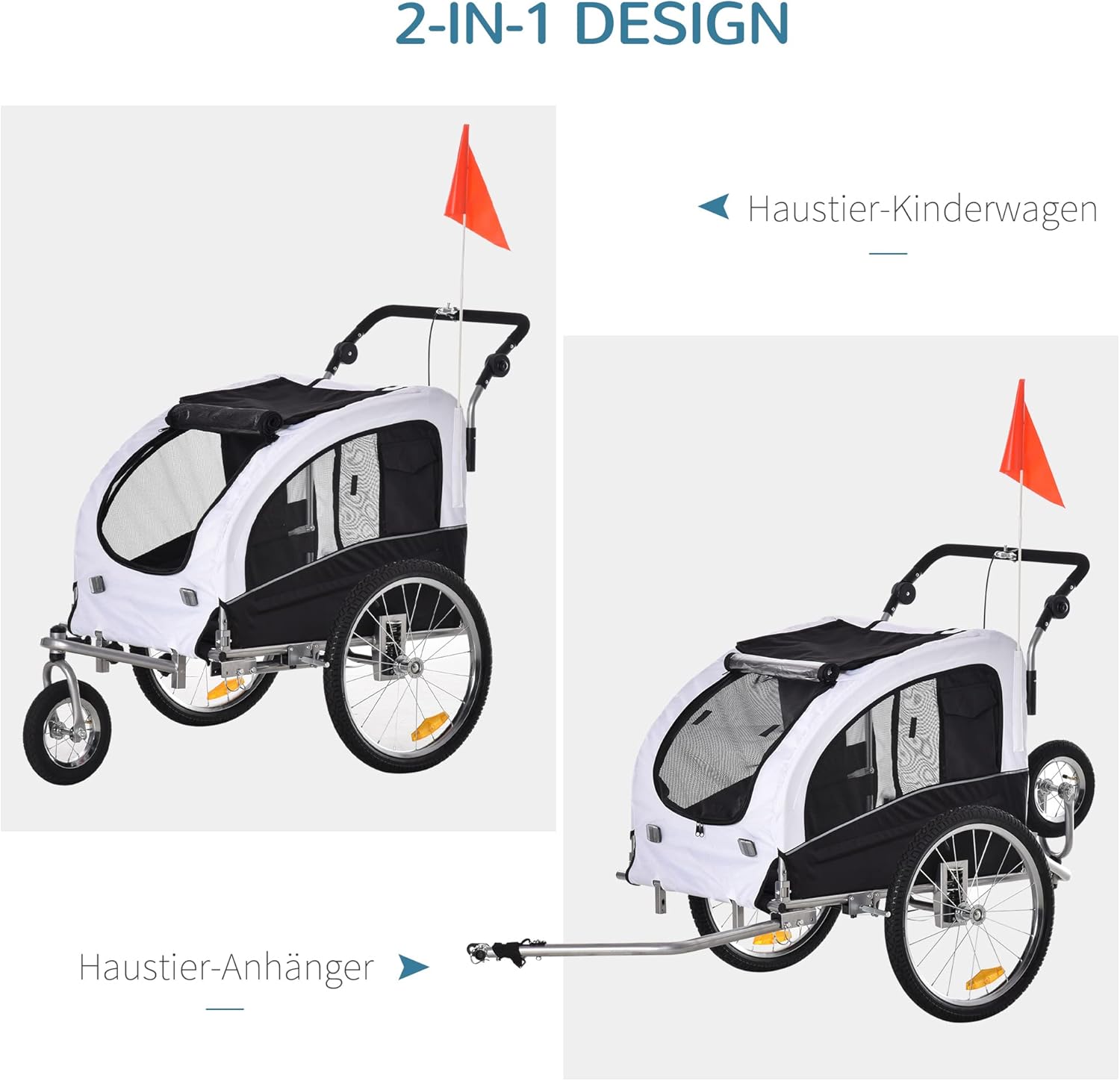 Diagram showing the PawHut 2-in-1 Dog Trailer in both jogger and trailer configurations.