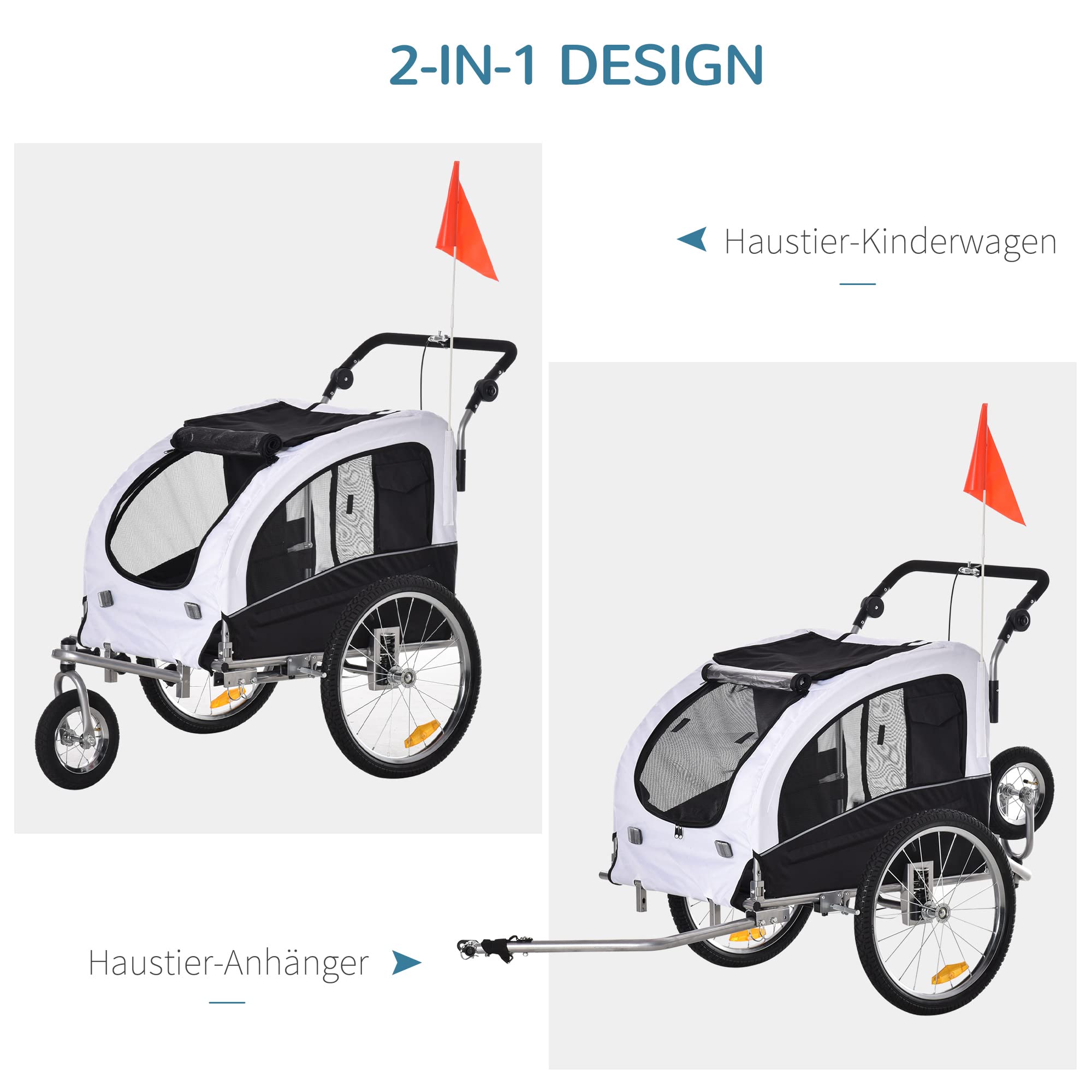PawHut 2-in-1 Hundeanhänger, Fahrradanhänger für Hunde, Hundewagen mit Reflektoren, Fahne, Hundefahrradanhänger Hundebuggy, Oxford-Gewebe