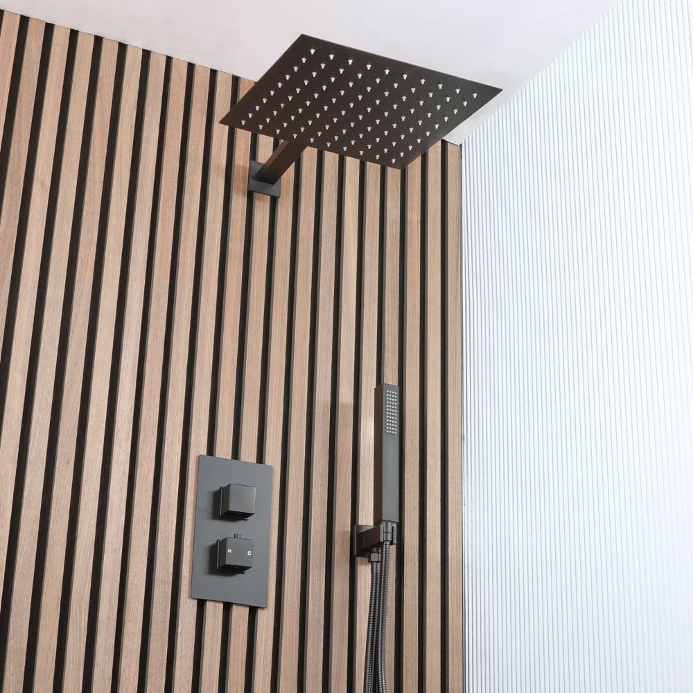 Milano Black Preto Thermostatic Mixer Valve 300Mm Shower Head Handset