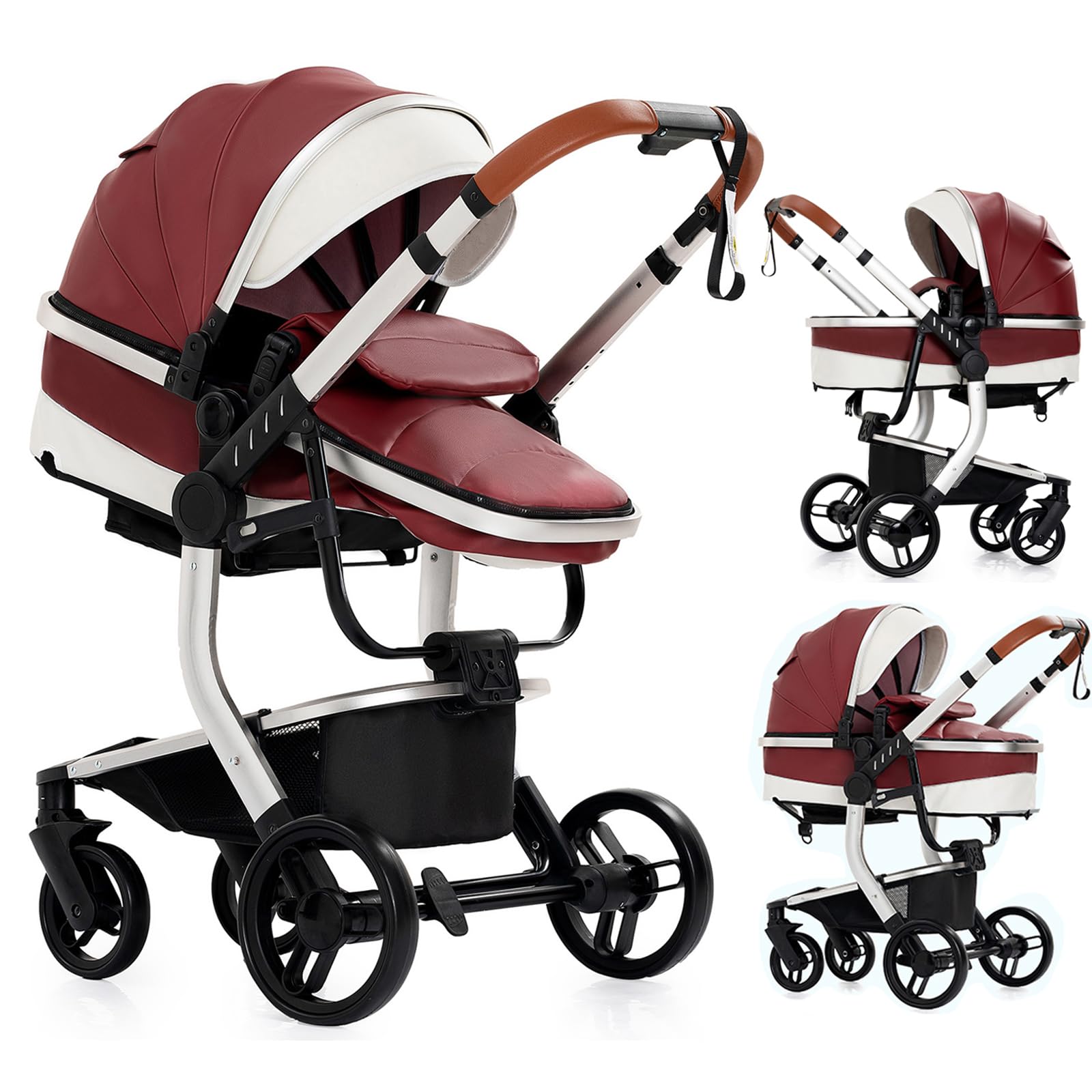 PU Leather 2 in 1 Baby Stroller with Bassinet Convertible Reversible Standard Pram Portable Pushchair Infant Buggy Baby Carriage Foldable High Landscape Pram for Toddler Newborn (2US518-Red)