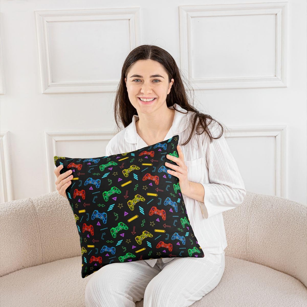 Castle Fairy Colorful Gamepad Kids Throw Pillow Cover,Abstract Star Arrow Print Double Sides Pillow Case,Modern Video Games Home Decor,Red Blue Yellow Bed Couch Sofa Cushion Cover,4 Pack 18"x18" image 3