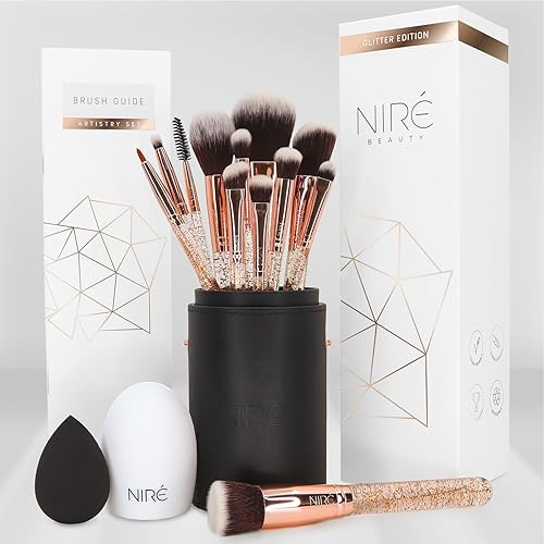 Niré Beauty - Juego de brochas de maquillaje con purpurina galardonadas de 15 piezas bonito juego de brochas de maquillaje con funda, licuadora de