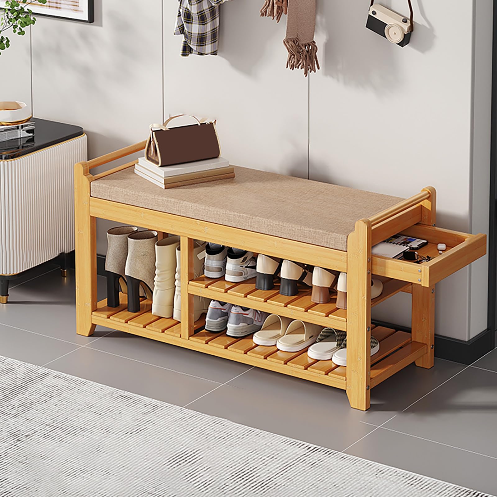 GDMDPTE Wooden Shoe Bench with Padded Seat 2-Tier Shoe Rack for Entryway and Living Room Storage Stylish Entryway nizer Multifunctional Footwear Storage Solution