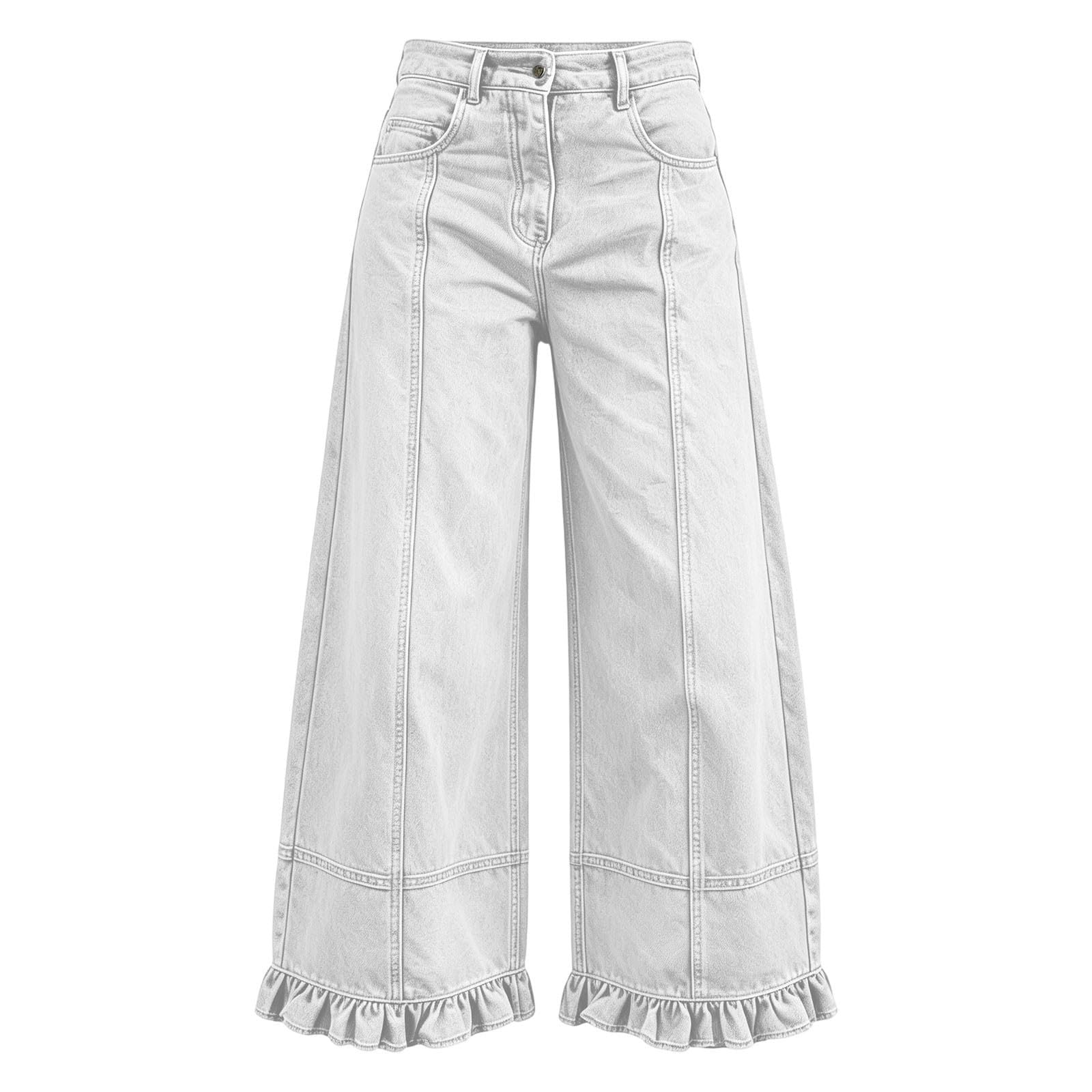 Jeans da Donna Eleganti a Gamba Larga in Tinta Unita con Una Delicata Balza