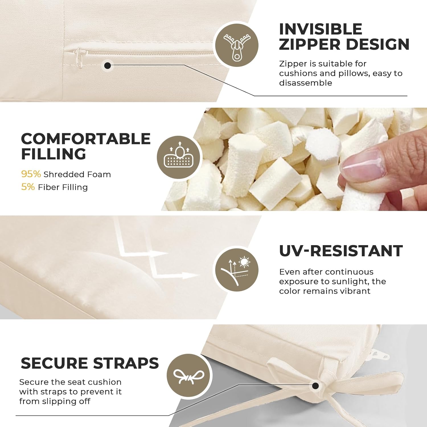 Outdoor Bench Cushion Waterproof and Fade Resistant Non-Slip Patio Furniture Bench Pad Cushion with Adjustable Strap for Garden, Indoor, Porch Swing, 45 x 18 x 3 Inch, Beige