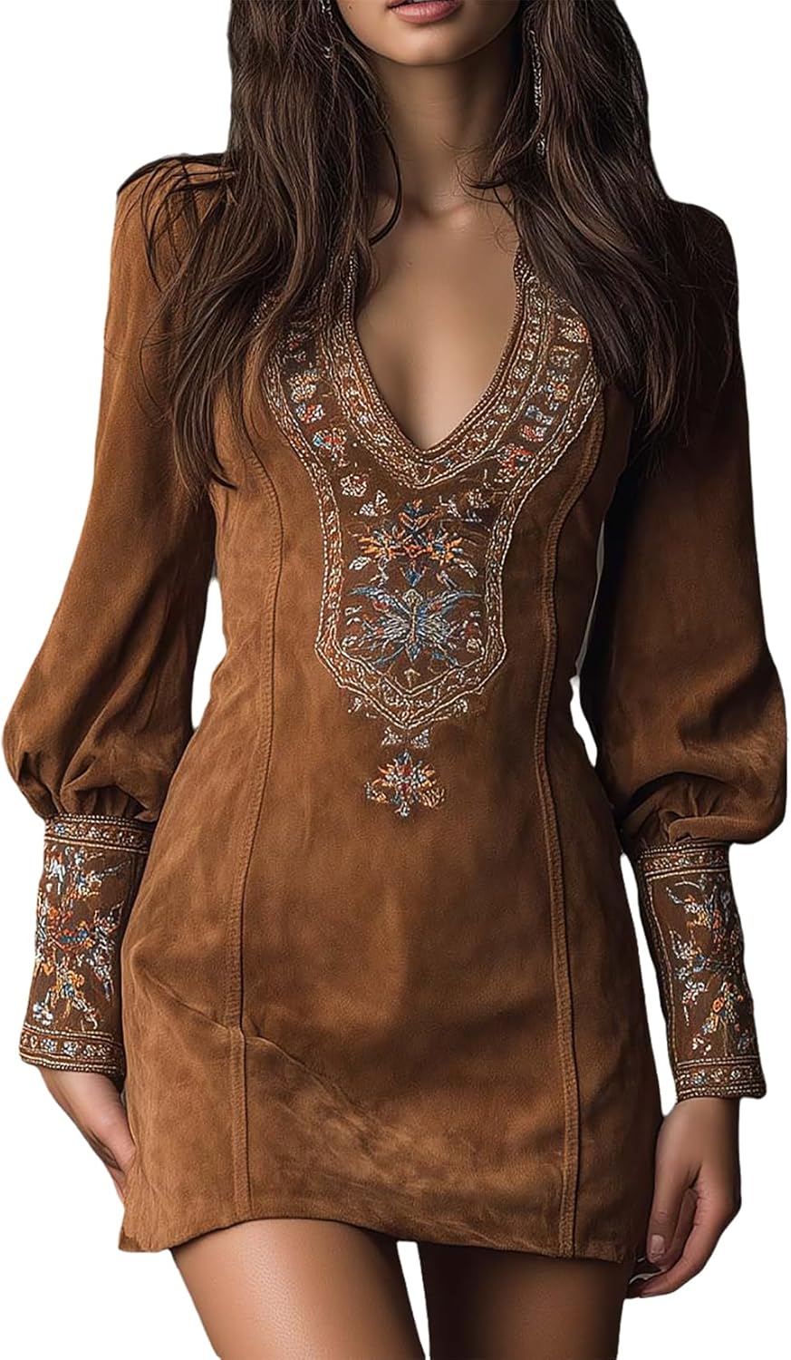 Women's Vintage Faux Suede Western Dress Long Sleeve V Neck Embroidered Ruched Short Bodycon Dresses