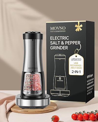 Miniatura 8 de MOVNO Juego de molinillo eléctrico de sal y pimienta recargable 2 en 1 con base de carga, sin necesidad de batería, molinillo automático de sal y