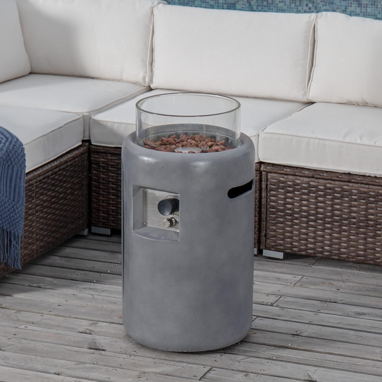 COSIEST Outdoor Propane Fire Pit Table w Compact Ledgestone 16-inch Round Graphite Base and Glass Wind Guard, Certified, 40,000 BTU, Free Lava Rocks, Touch-up Pen, Fits 20lb (Grey)