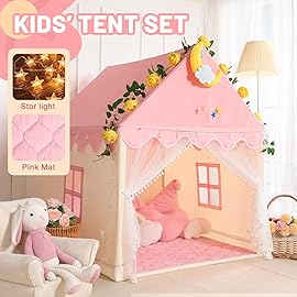 Wilwolfer Kid Tent with Mat, Star Lights - Kids Play Tents for Toddlers Kids Tents Indoor Playhouse - Princess Tent for Girls Toy House Gift (Pink with Mesh)