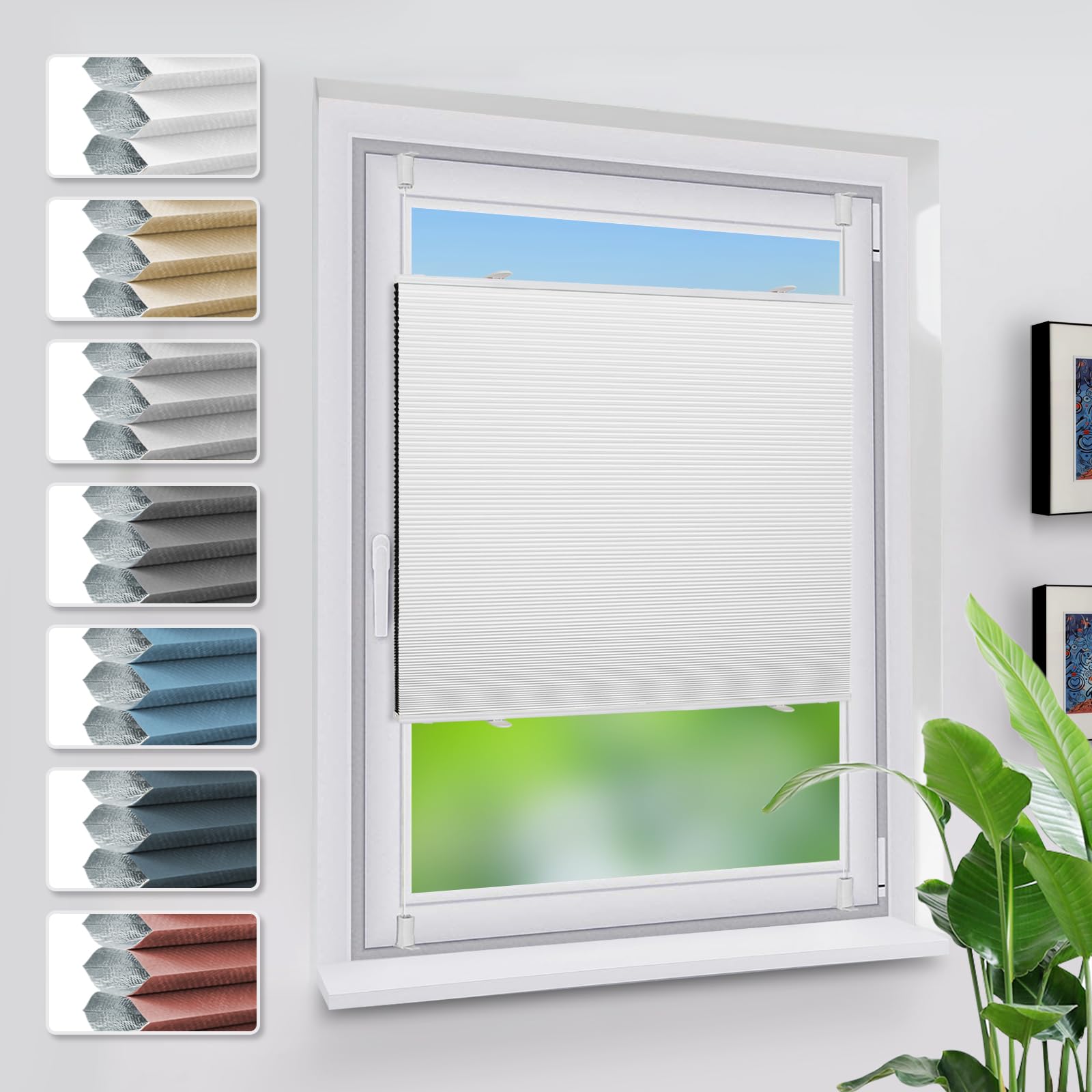 Grandekor Verdunklungsplissee Wabenplissee ohne Bohren Weiß-Weiß 70x120cm (BxH) Klemmfix Plissee ohne Bohren Verdunkelung Thermo Rollo Wärmedämmung, Privatsphäre - & Sonnenschutz