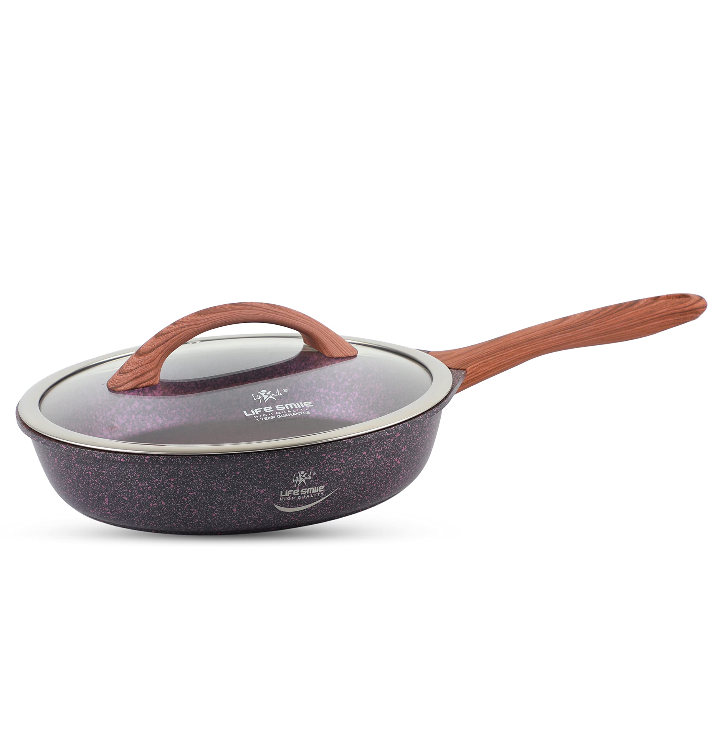 LIFE SMILEGranite Coated Smart Fry Pan With Lid - Multi Layer Granite Non Stick Coating Pan | Heat-Resistant Handle Hanging Loop | 100% PFOA FREE | induction base (Purple, 20CM (1 Liters))