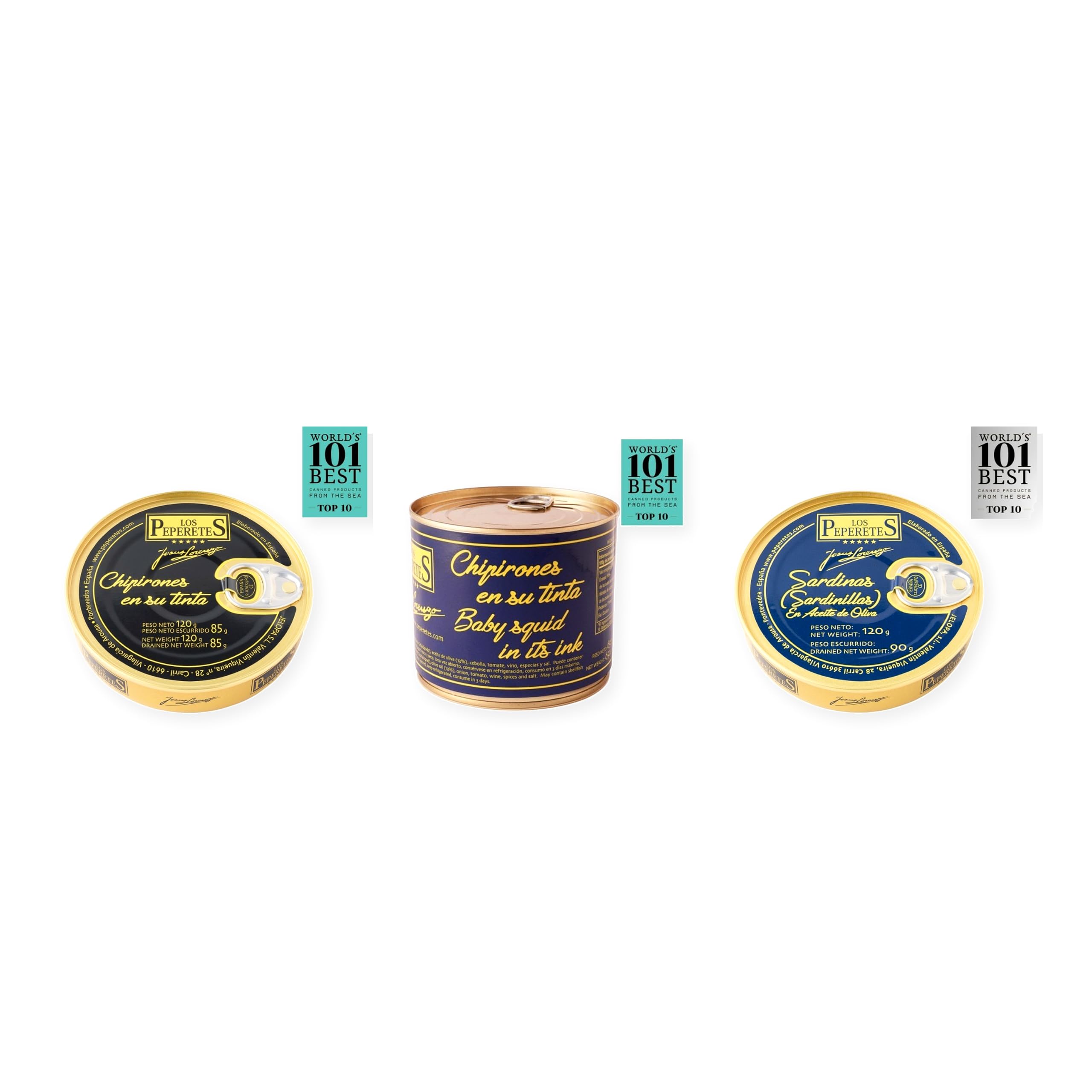 los peperetes conservas Chipirones Tinta 120g, Chipirones Tinta 460g y Sardinillas Aceite Oliva pack 3 latas