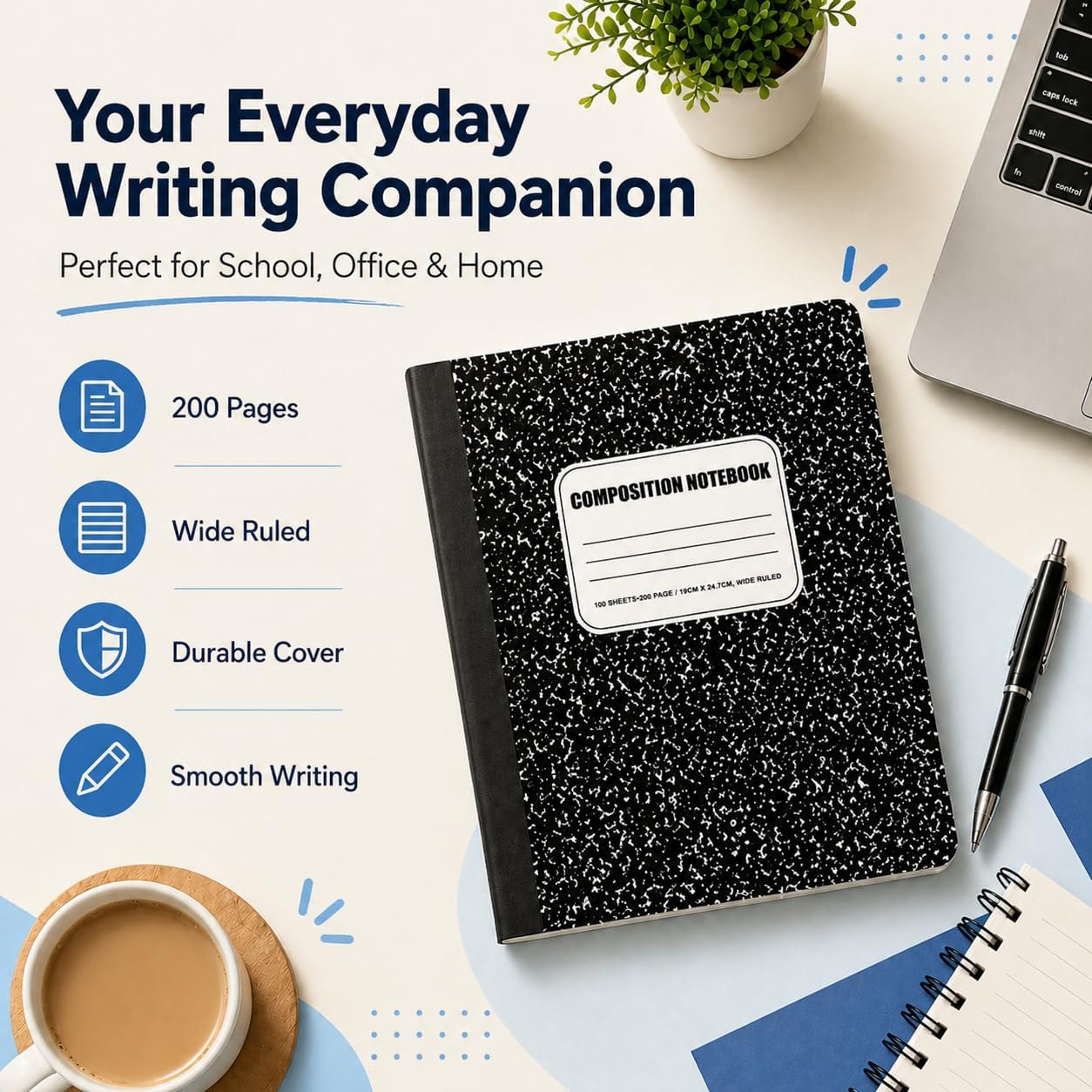 CLEENTABLE Composition Notebook 12 Pack, Wide Ruled Paper, Marble Cover Notebooks for School, 9.75 x 7.5 Inches, 100 Sheets (200 Pages), Sewn Binding Comp Books, Black