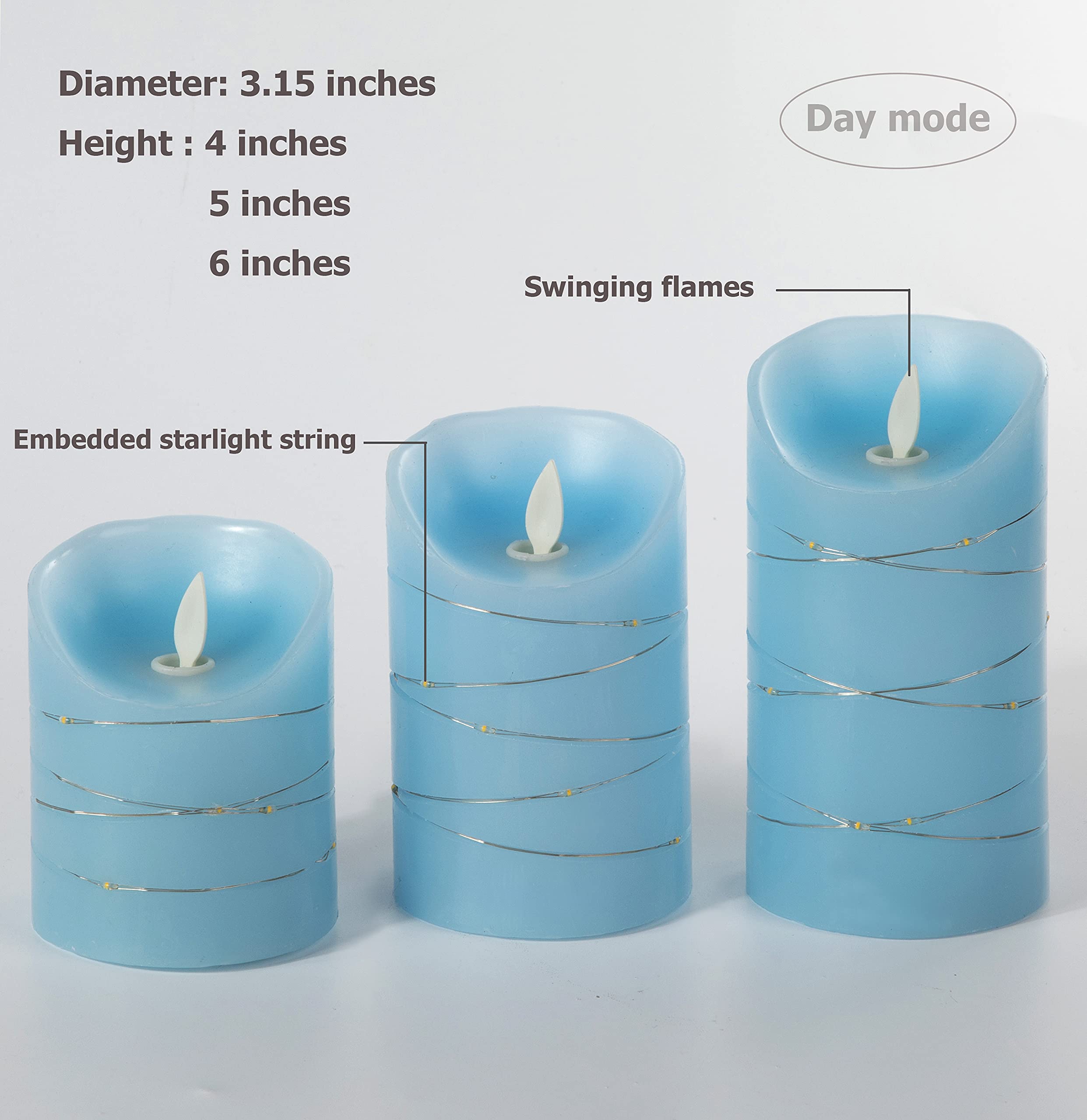 DANIP Sky Blue flameless Candle, Builtin Star String, 3 LED Candles