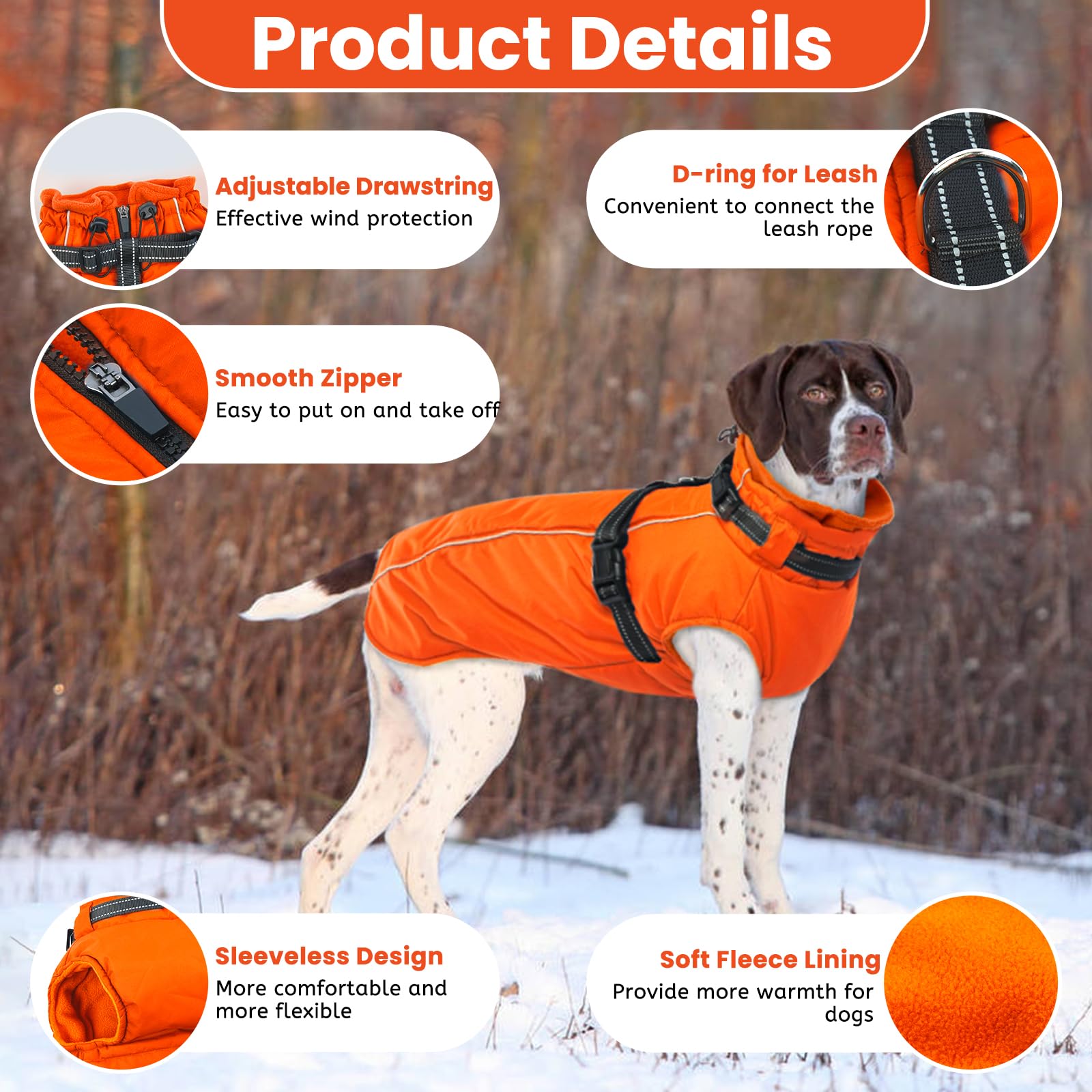 Lelepet Small Dog Coat With Harness - Warm Waterproof Fleece Jacket, Winter Reflective Vest Snow Suit for Yorkshire Papillon - Orange S - Image 2