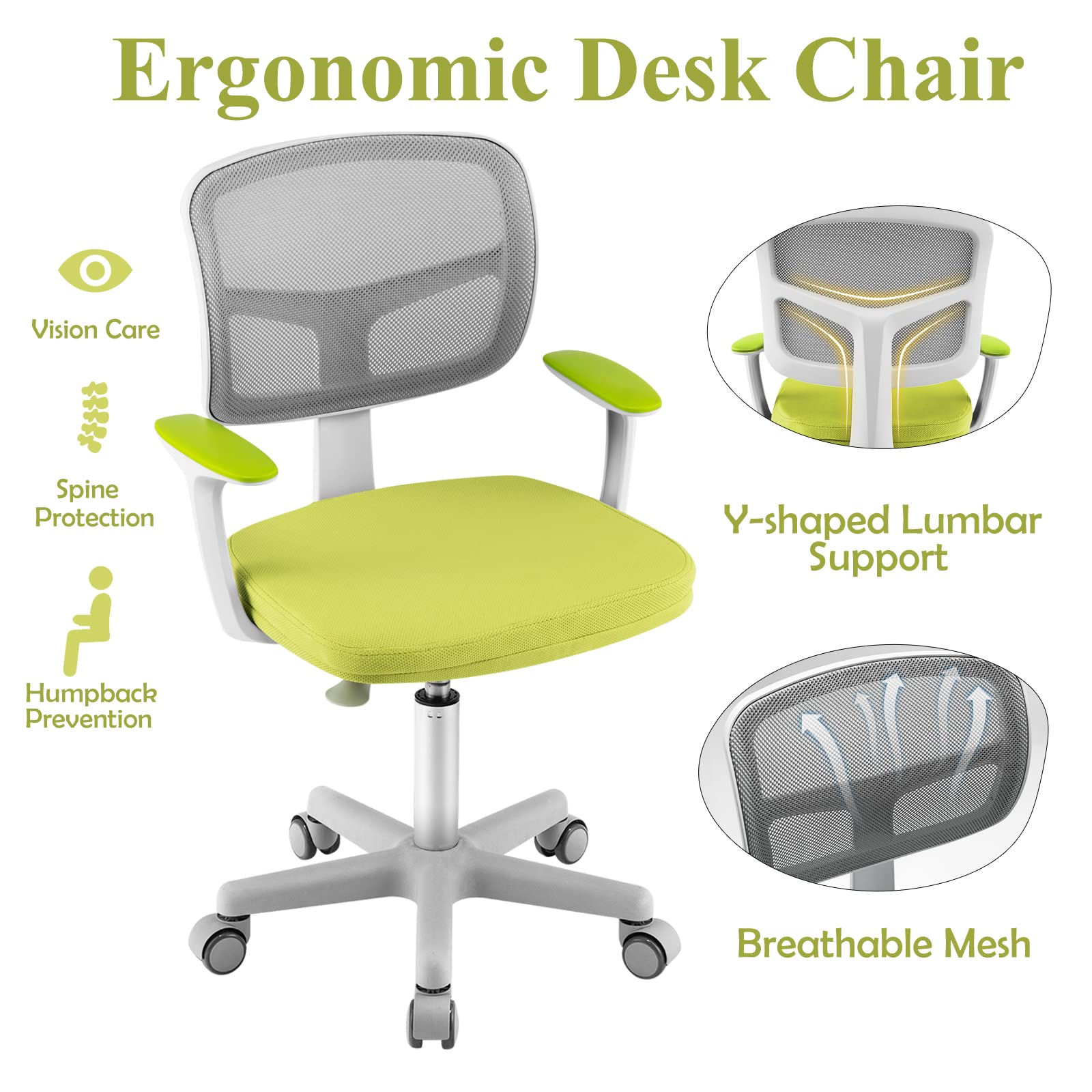 LIFEZEAL Chaise Bureau Enfant à roulettes avec Accoudoirs, Siège Pivotant 360° avec Hauteur Réglable, Fauteuil Enfant Ergonomique, Charge de 150 KG, Garçon Fille 3-10 Ans (Version de Base, Jaune)