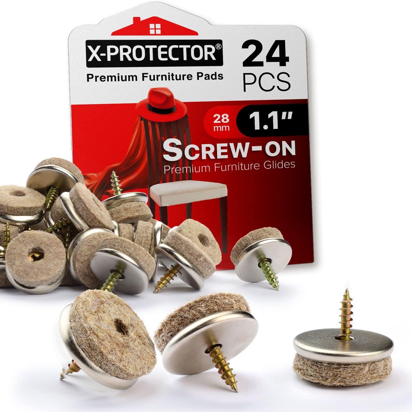 X-Protector Screw-On Felt Floor Protectors for Furniture 1.1 in 24-Pack