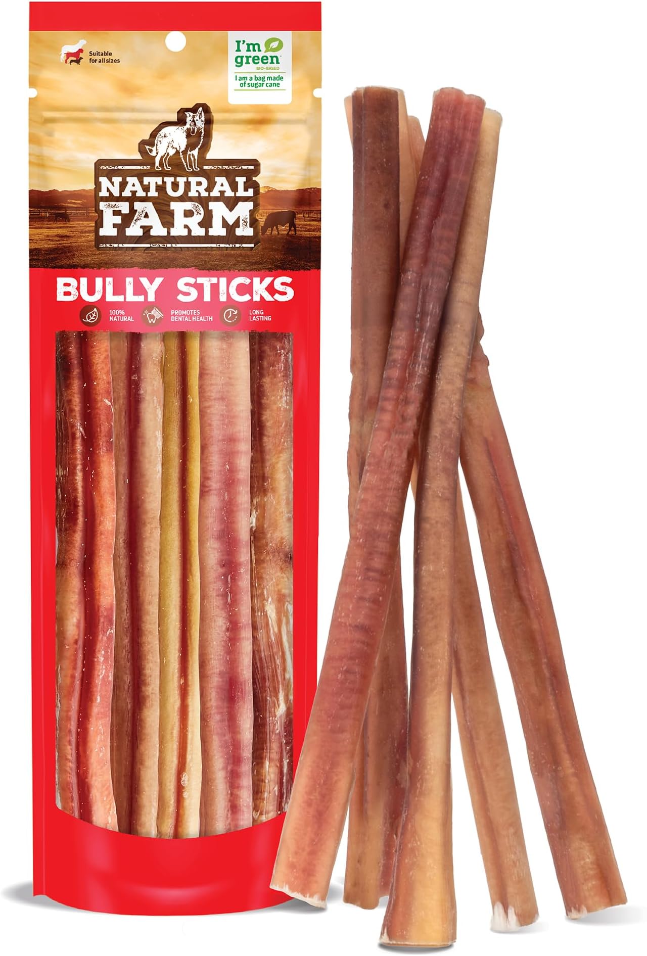 Natural Farm Odor-Free Bully Sticks (12 Inch, 5 Count) | Fully Digestible 100% Beef Pizzle Chews,Grass-Fed, Non-GMO,Grain-Free, Natural Long-Lasting Chews for Small & Large Dogs