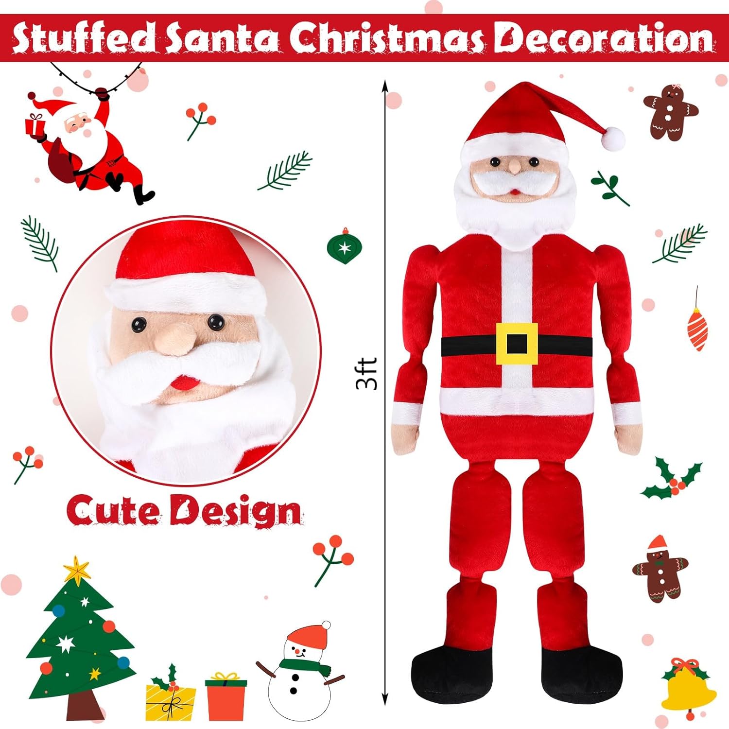 3 ft Stuffed Santa Christmas Decoration Huge Red Plush Santa Claus Hang or Sit Decor for Holiday Party Home Decor and Birthday Gifts