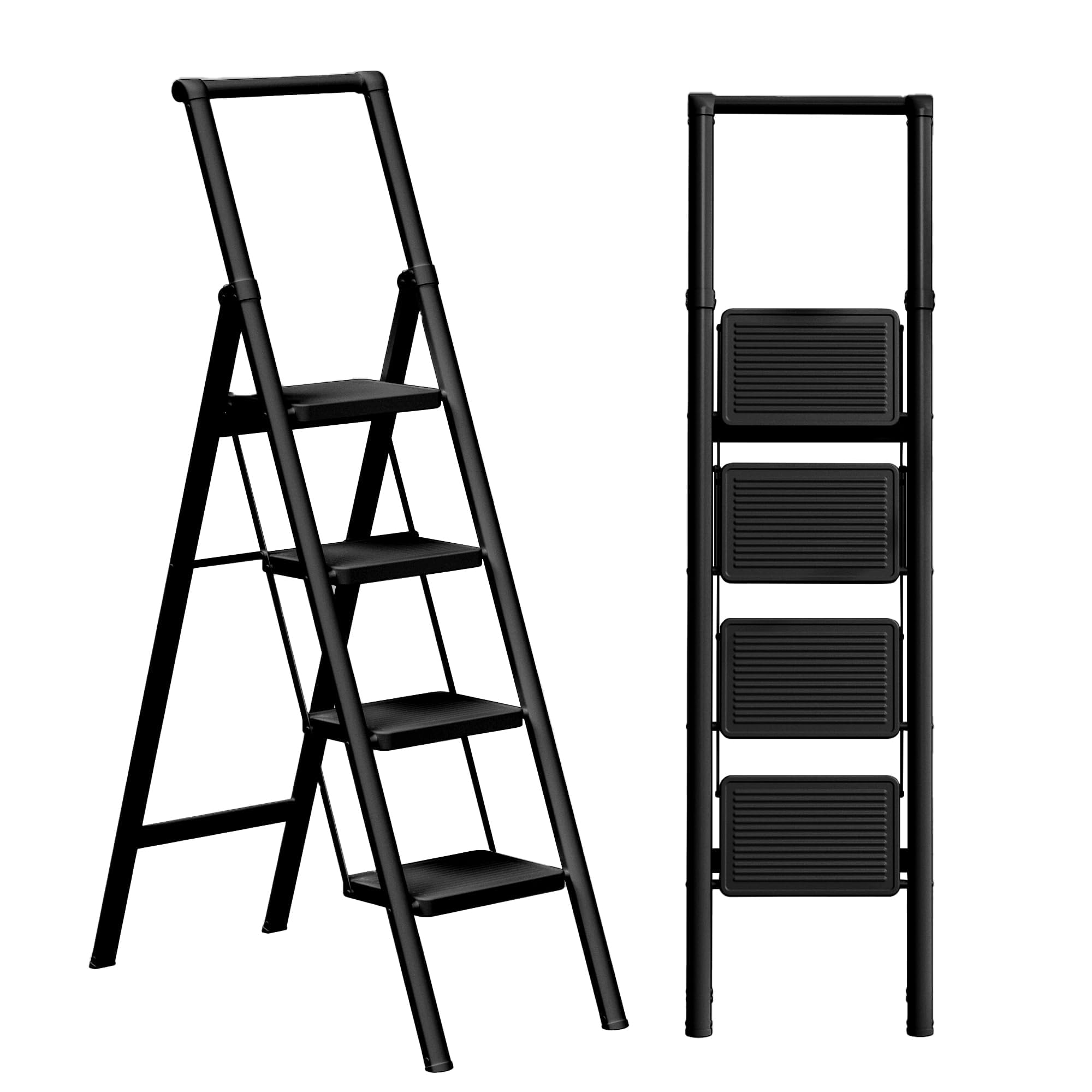 4 Step Ladder Folding Iron Step Stool Stepladders with Anti-Slip and Wide Pedal for Home and Kitchen Use Space Saving (Black)