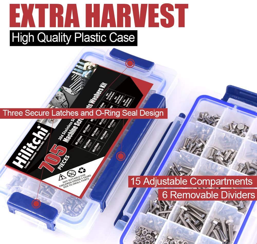 Hilitchi 705-Pcs M3 M4 M5 Hex Hexagon Head Cap Machine Screws Bolts Nuts Flat and Lock Washers Assortment Kit, 304 Stainless Steel, 8 to 20mm Length, Full Thread
