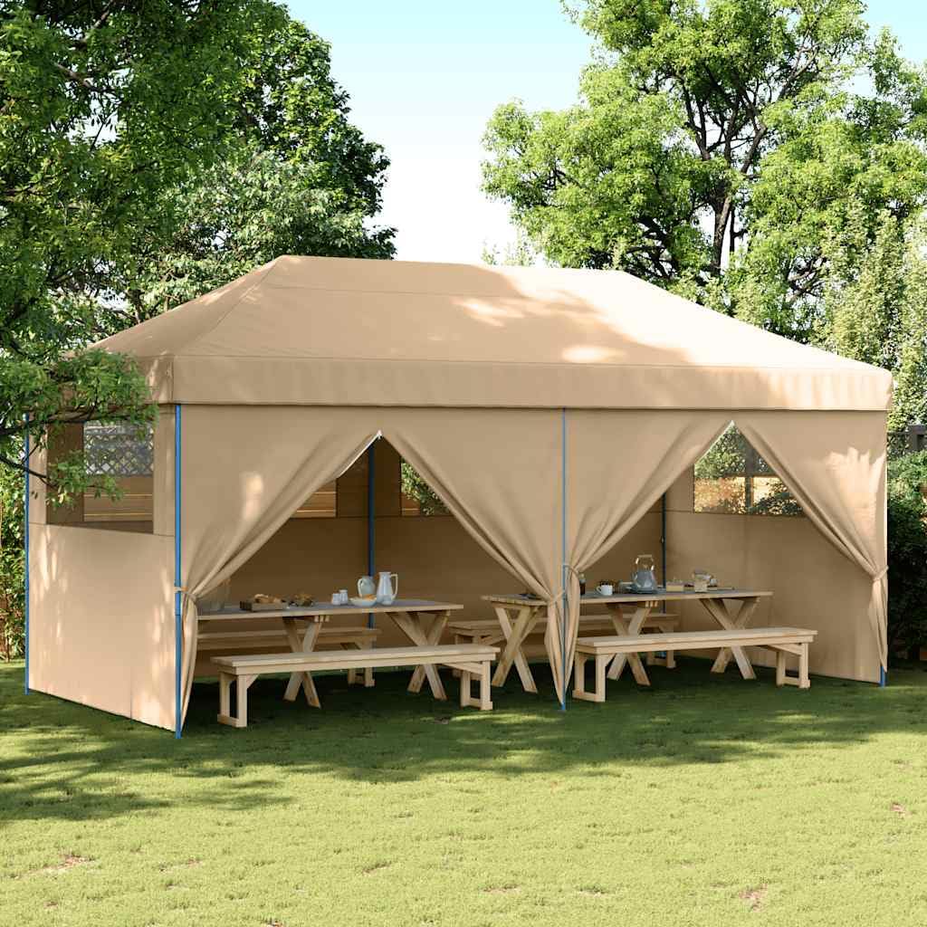 Tienda de campaña plegable de color beige con 4 paneles laterales y ventanas, ideal para eventos al aire libre como bodas, fiestas y festivales