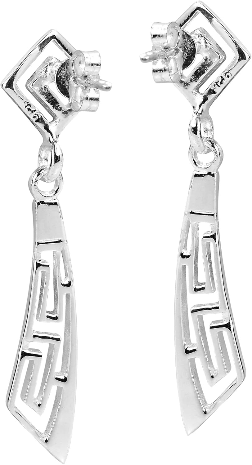 AeraVida Enchanting Abstract Greek Key Style .925 Sterling Silver Post Dangle Earrings | Casual Sterling Silver Dangle Earring for Women