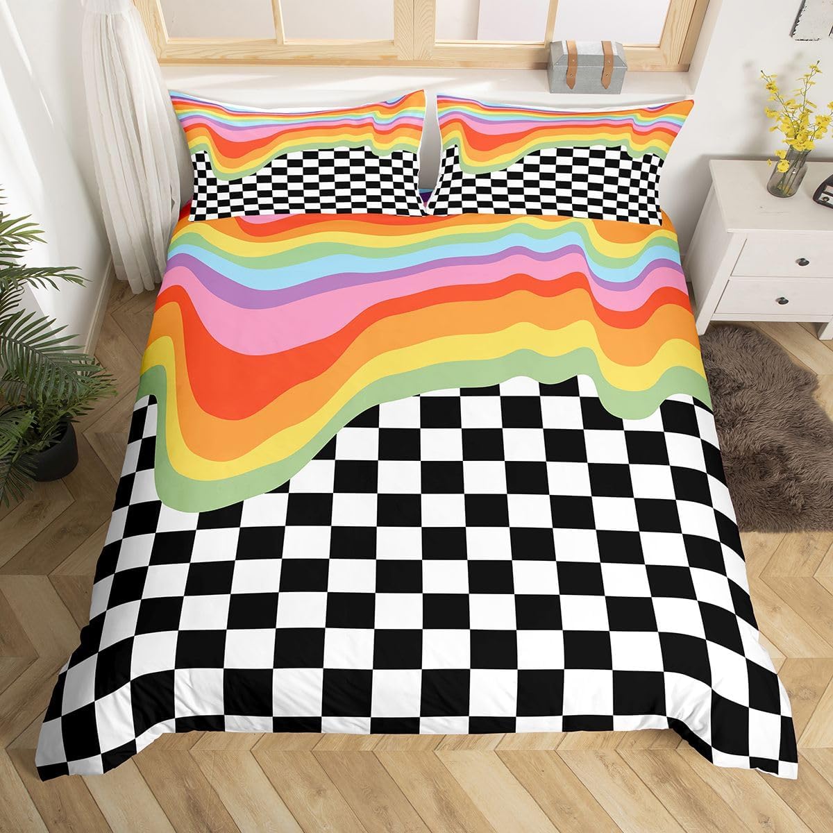 jejeloiu Plaid Duvet Cover Twin Size White Black Checkered Bedding Set for Boys Girls Rainbow Comforter Cover Geometric Bedroom Decor 2Pcs
