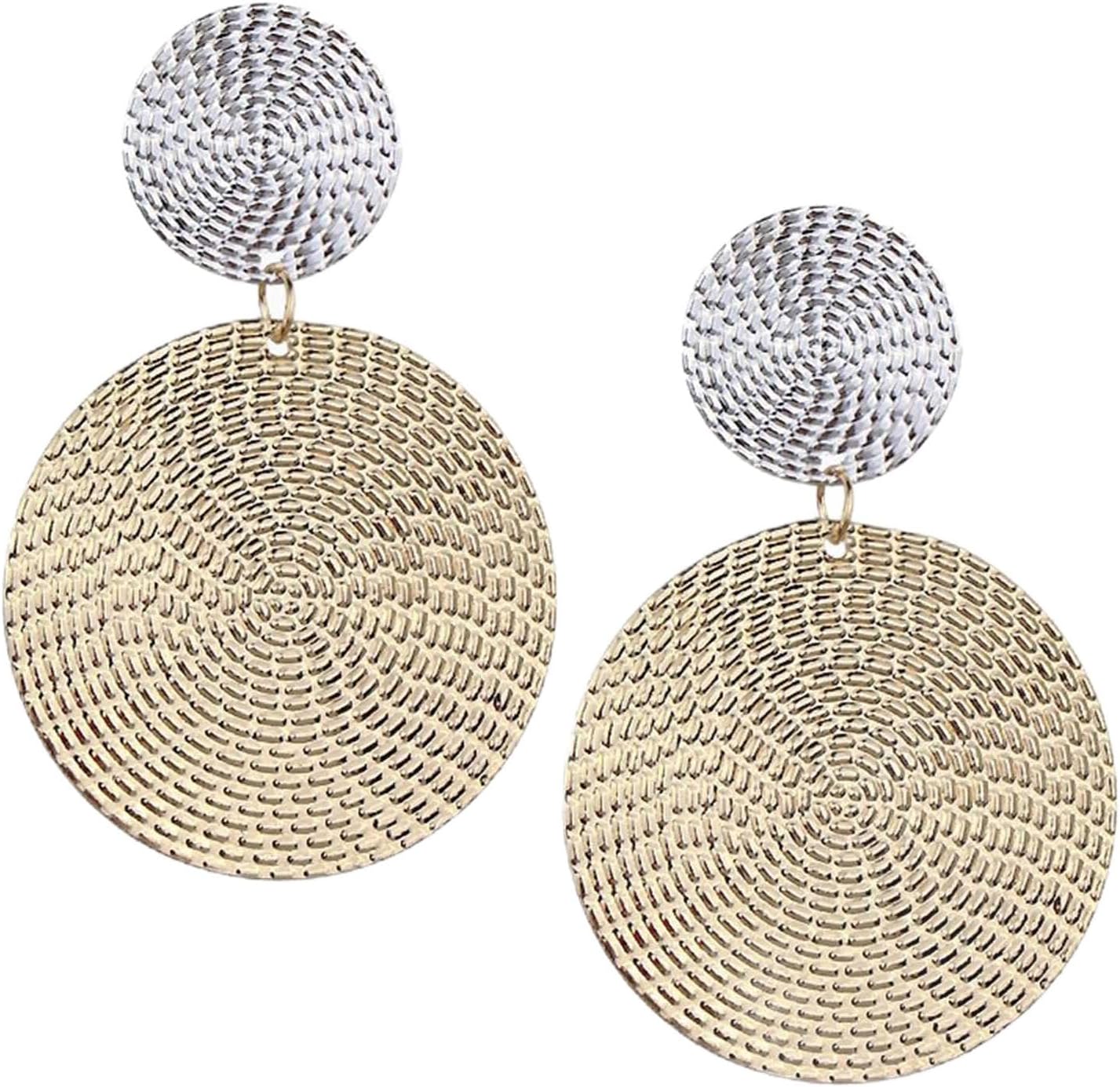Boho Round Circle Earrings Two Tone Gold Silver Disc Coin Dangle Earrings Texture Round Hammered Earrings Large Geometric Statement Earrings Party Prom Jewelry for Women