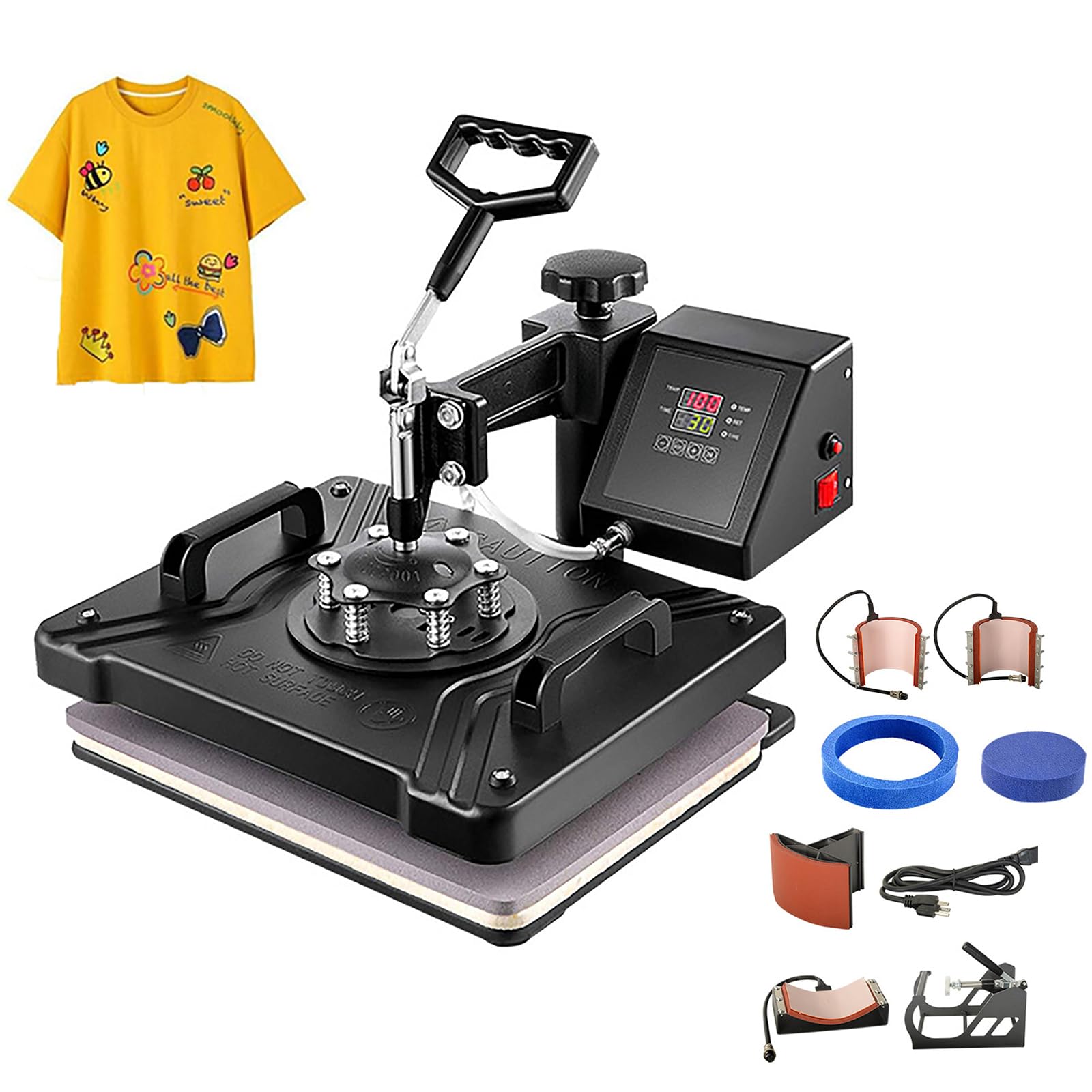 Pressa per Magliette, Pressa Termica 6 in 1 da 15x15 Pollici Combinata con Pannello di Controllo Digitale, Design Orientabile a 360° E Binario di Guida Inferiore, per Magliette, Cappelli